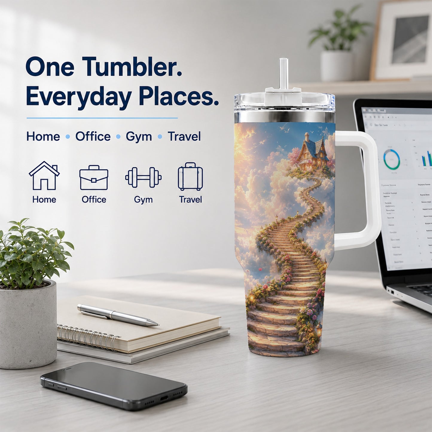 #pl[40oz|White] Cloud Cottage Stairway 40oz Tumbler with Handle, Whimsical Sky Cottage Art