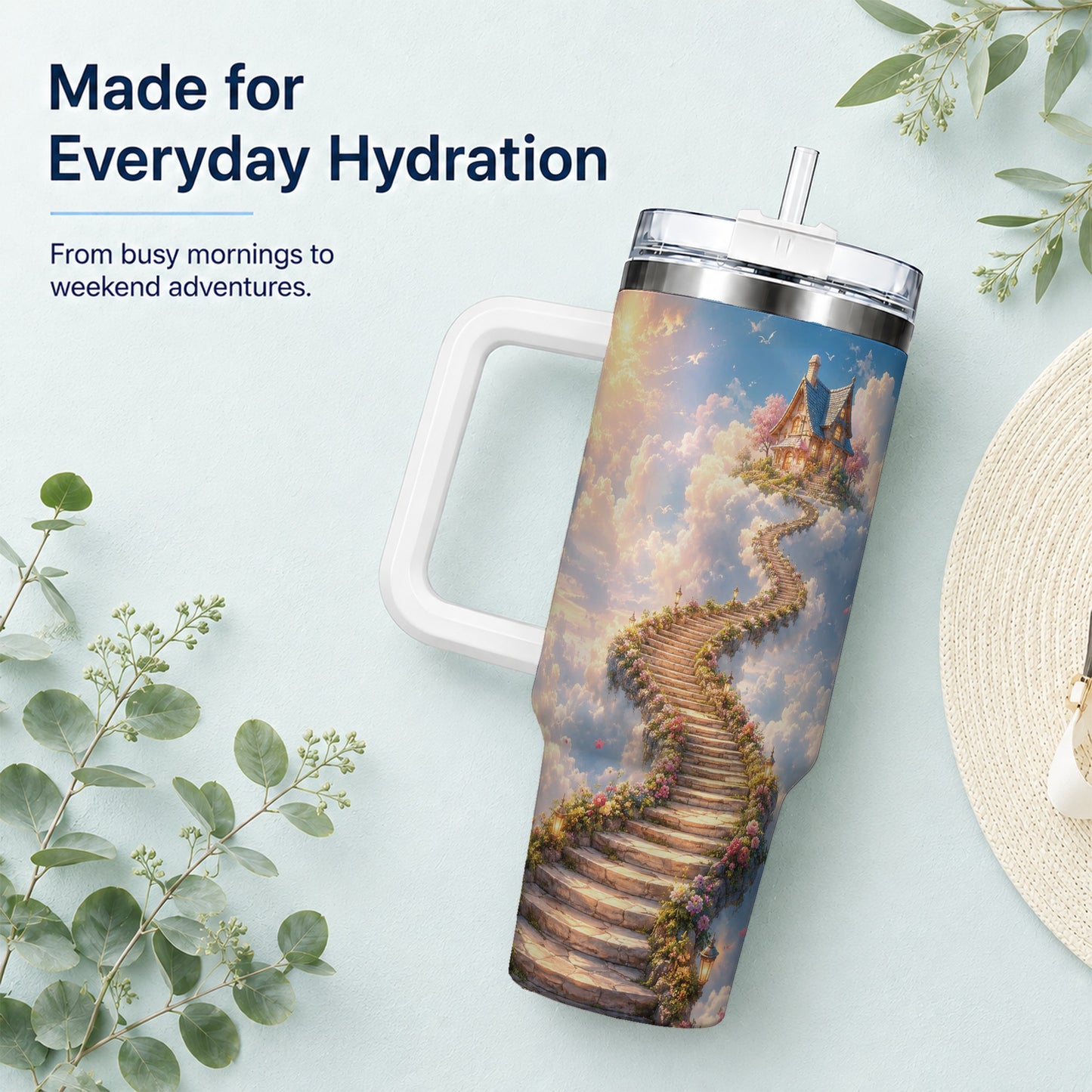 #pl[40oz|White] Cloud Cottage Stairway 40oz Tumbler with Handle, Whimsical Sky Cottage Art