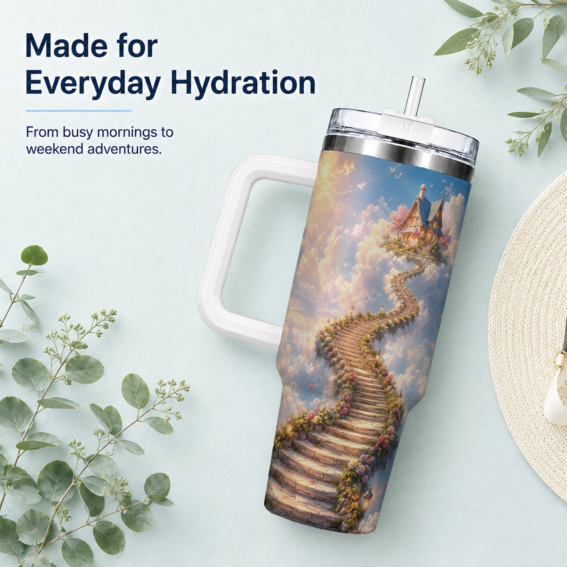 #pl[40oz|White] Cloud Cottage Stairway 40oz Tumbler with Handle, Whimsical Sky Cottage Art