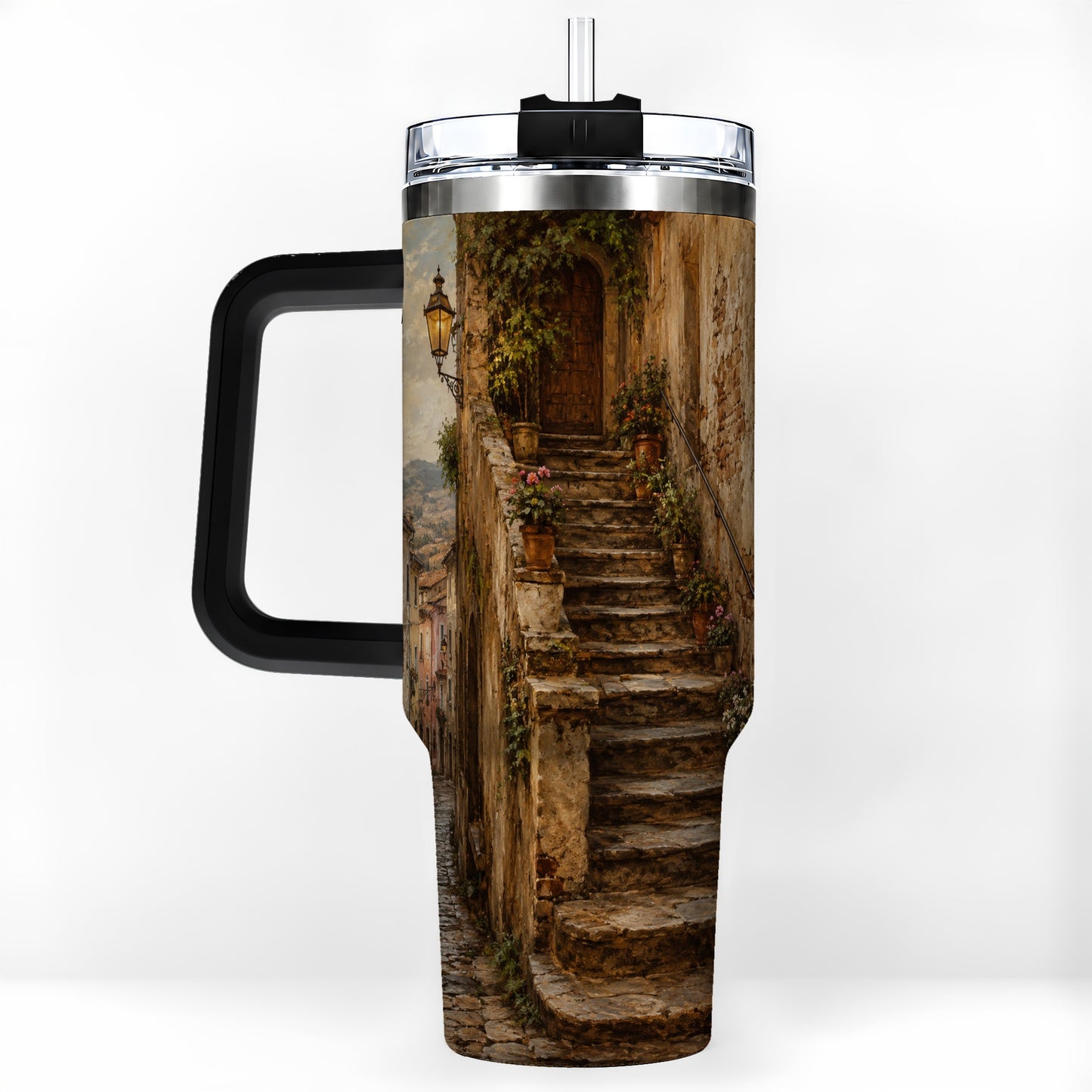 #pl[40oz|Black] Old Village Staircase 40oz Tumbler with Handle, Rustic European Street Art