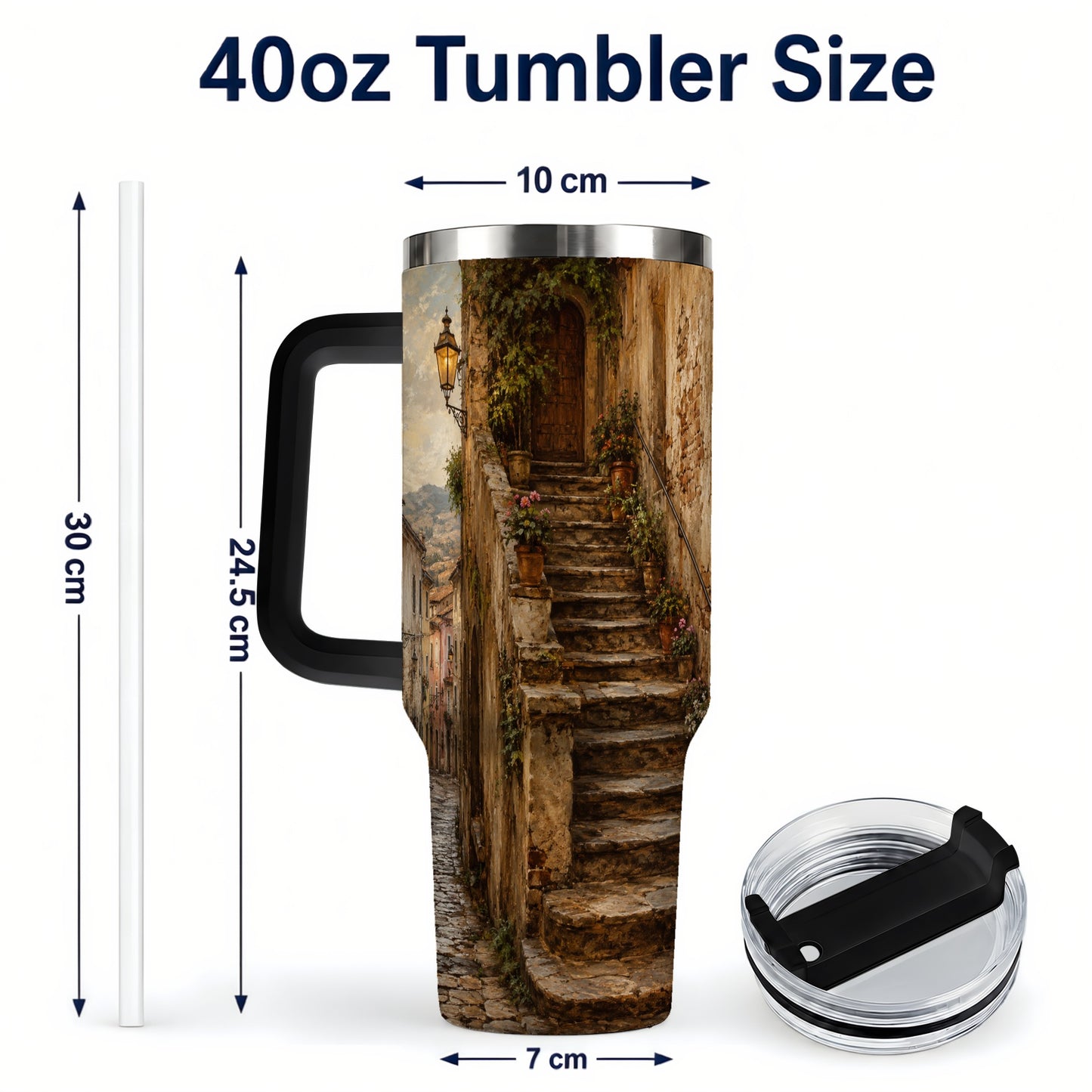 #pl[40oz|Black] Old Village Staircase 40oz Tumbler with Handle, Rustic European Street Art