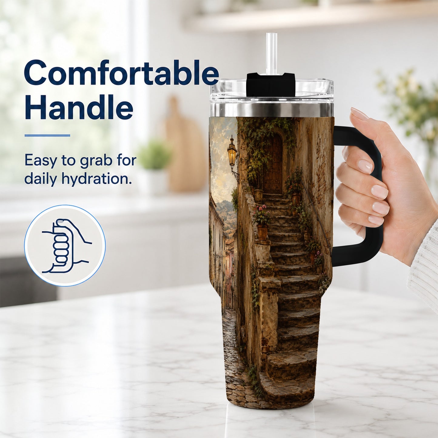 #pl[40oz|Black] Old Village Staircase 40oz Tumbler with Handle, Rustic European Street Art