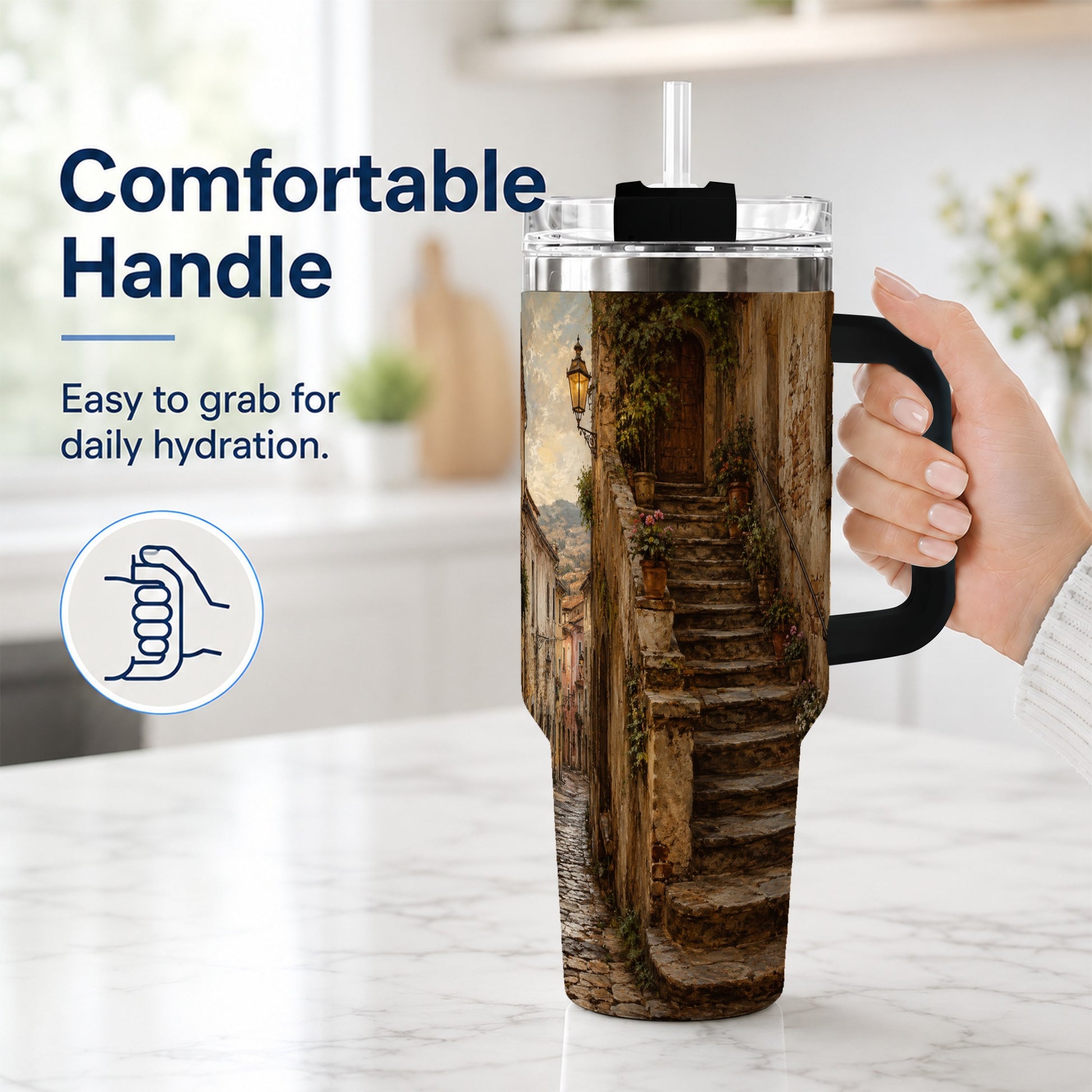 #pl[40oz|Black] Old Village Staircase 40oz Tumbler with Handle, Rustic European Street Art