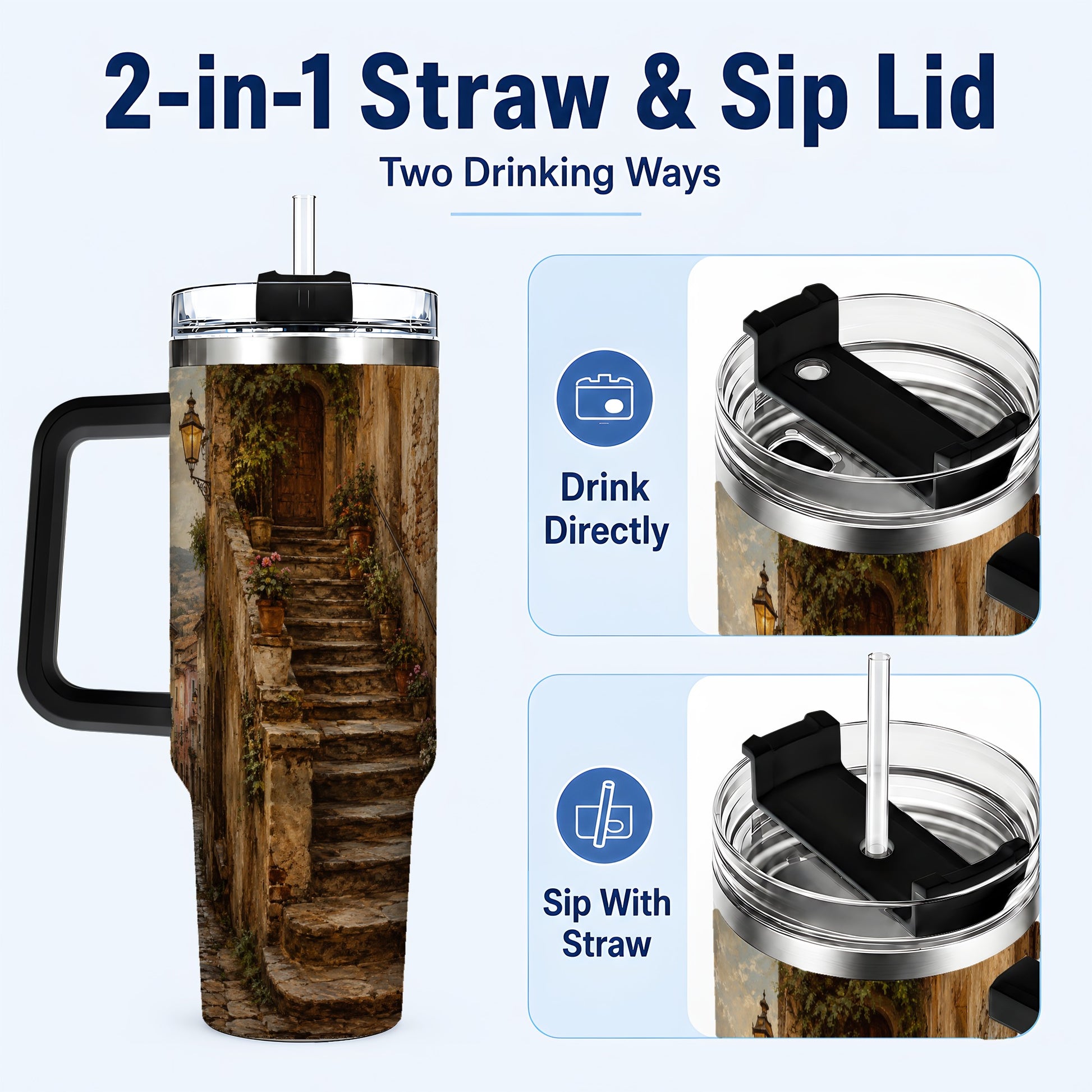 #pl[40oz|Black] Old Village Staircase 40oz Tumbler with Handle, Rustic European Street Art