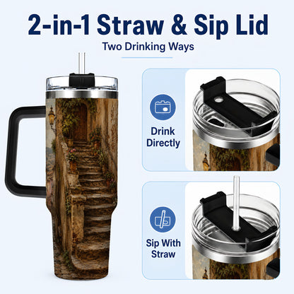 #pl[40oz|Black] Old Village Staircase 40oz Tumbler with Handle, Rustic European Street Art