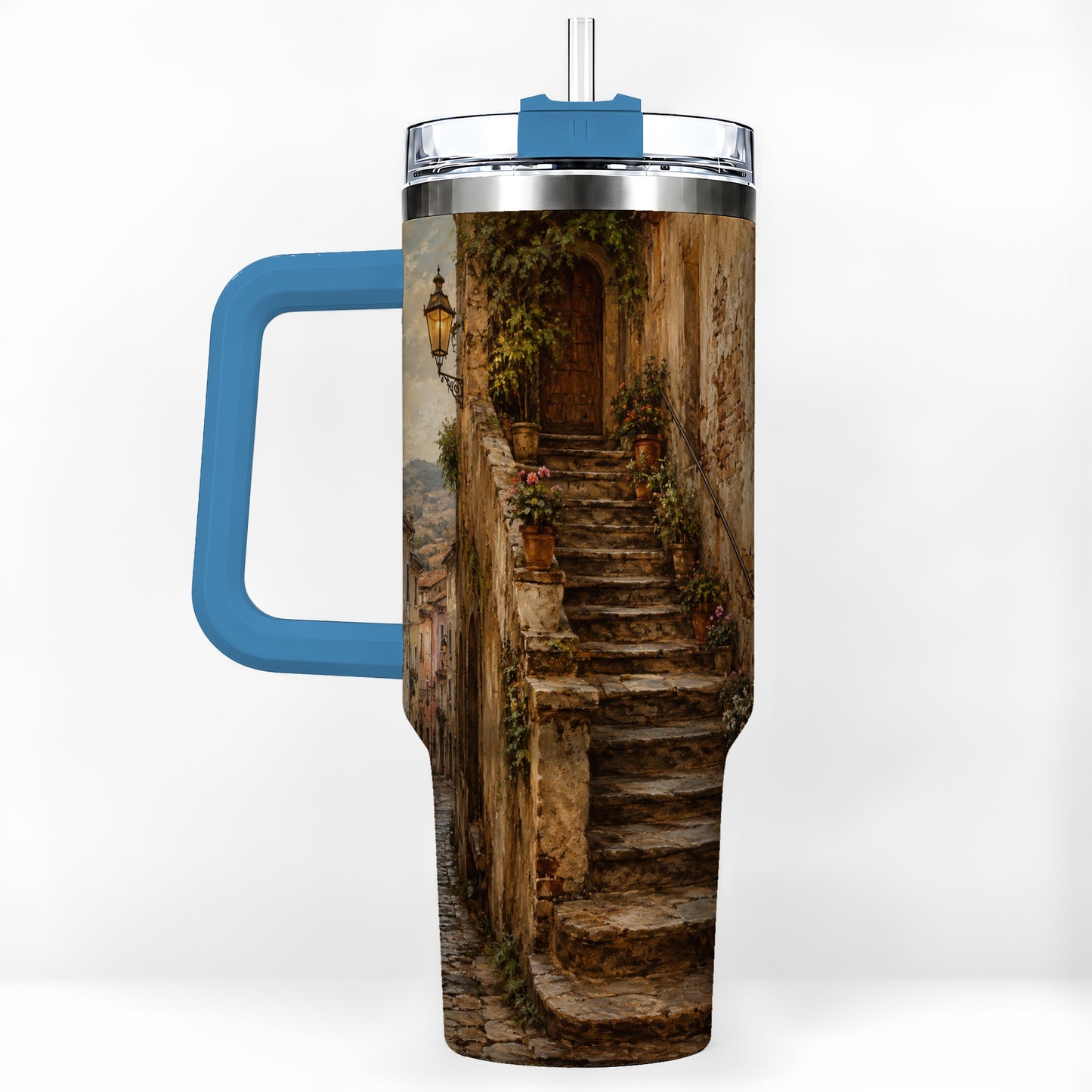 #pl[40oz|Blue] Old Village Staircase 40oz Tumbler with Handle, Rustic European Street Art