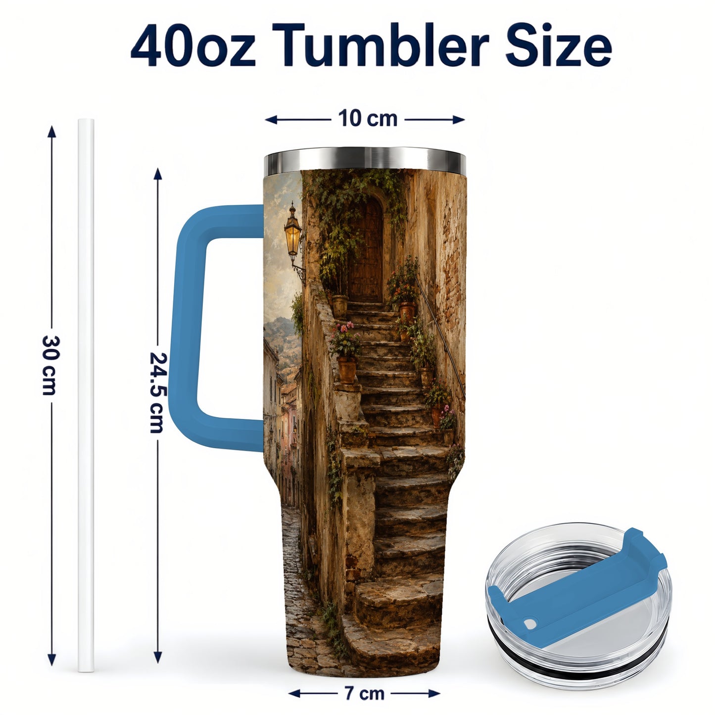 #pl[40oz|Blue] Old Village Staircase 40oz Tumbler with Handle, Rustic European Street Art