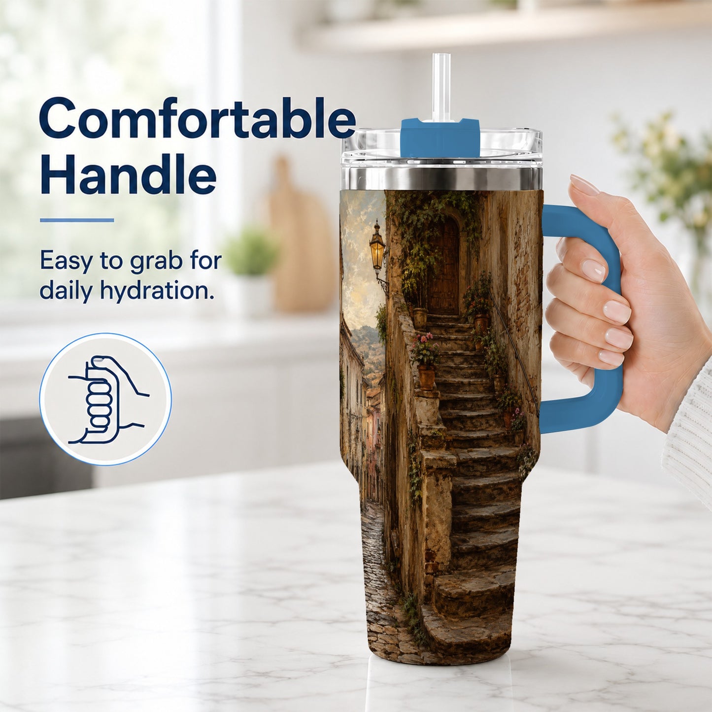#pl[40oz|Blue] Old Village Staircase 40oz Tumbler with Handle, Rustic European Street Art