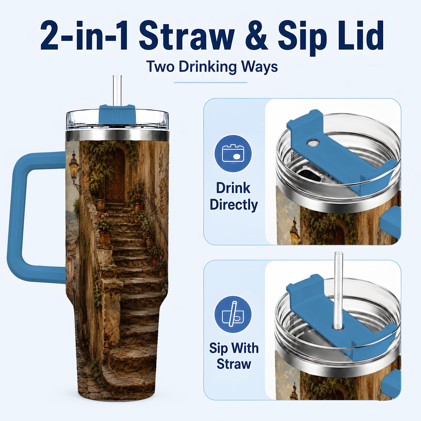 #pl[40oz|Blue] Old Village Staircase 40oz Tumbler with Handle, Rustic European Street Art