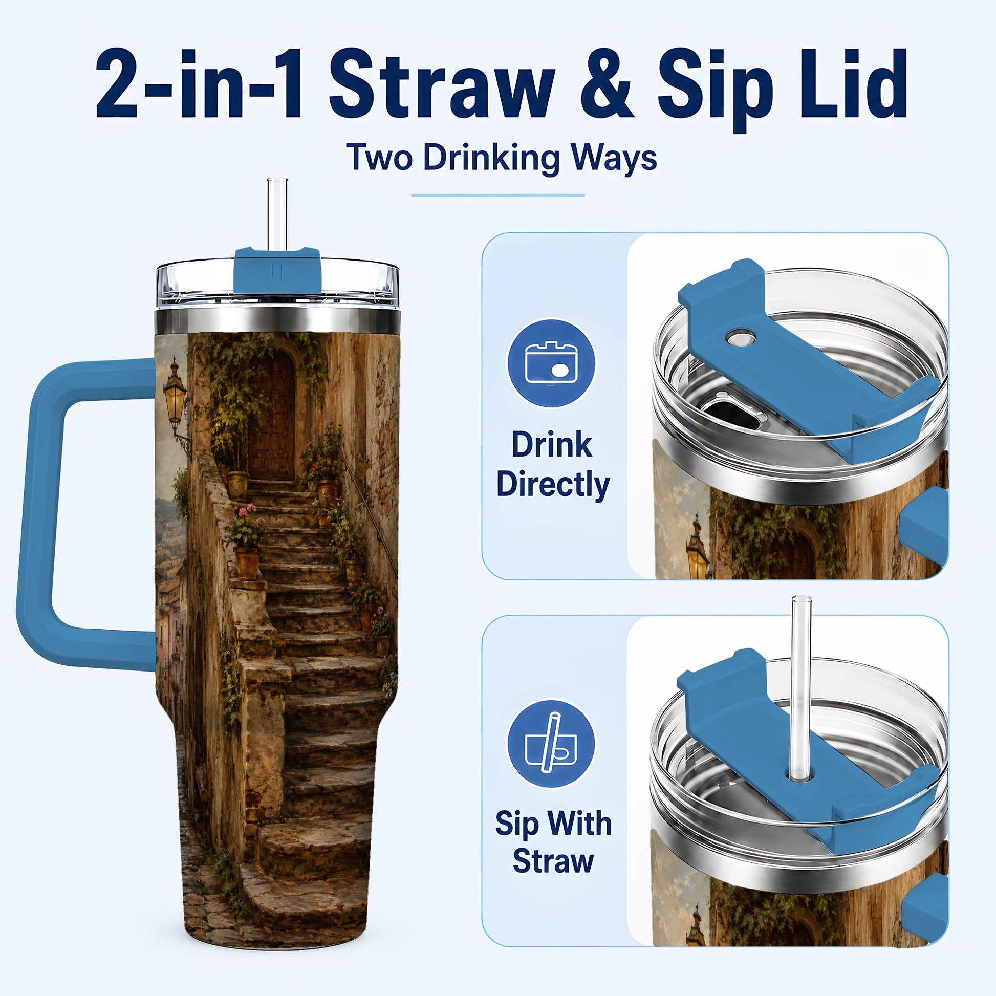 #pl[40oz|Blue] Old Village Staircase 40oz Tumbler with Handle, Rustic European Street Art