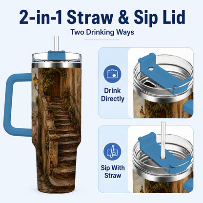 #pl[40oz|Blue] Old Village Staircase 40oz Tumbler with Handle, Rustic European Street Art