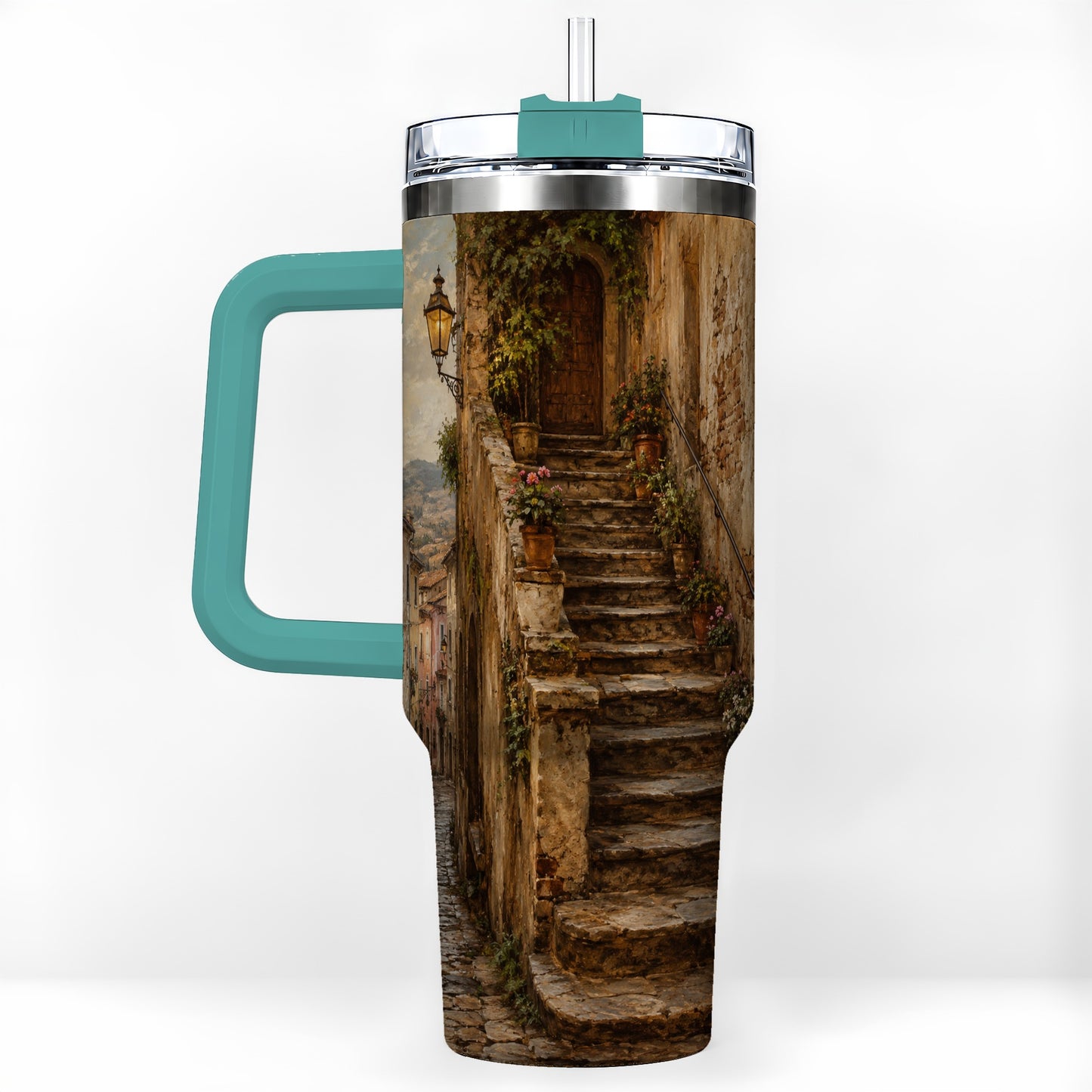 #pl[40oz|Green] Old Village Staircase 40oz Tumbler with Handle, Rustic European Street Art