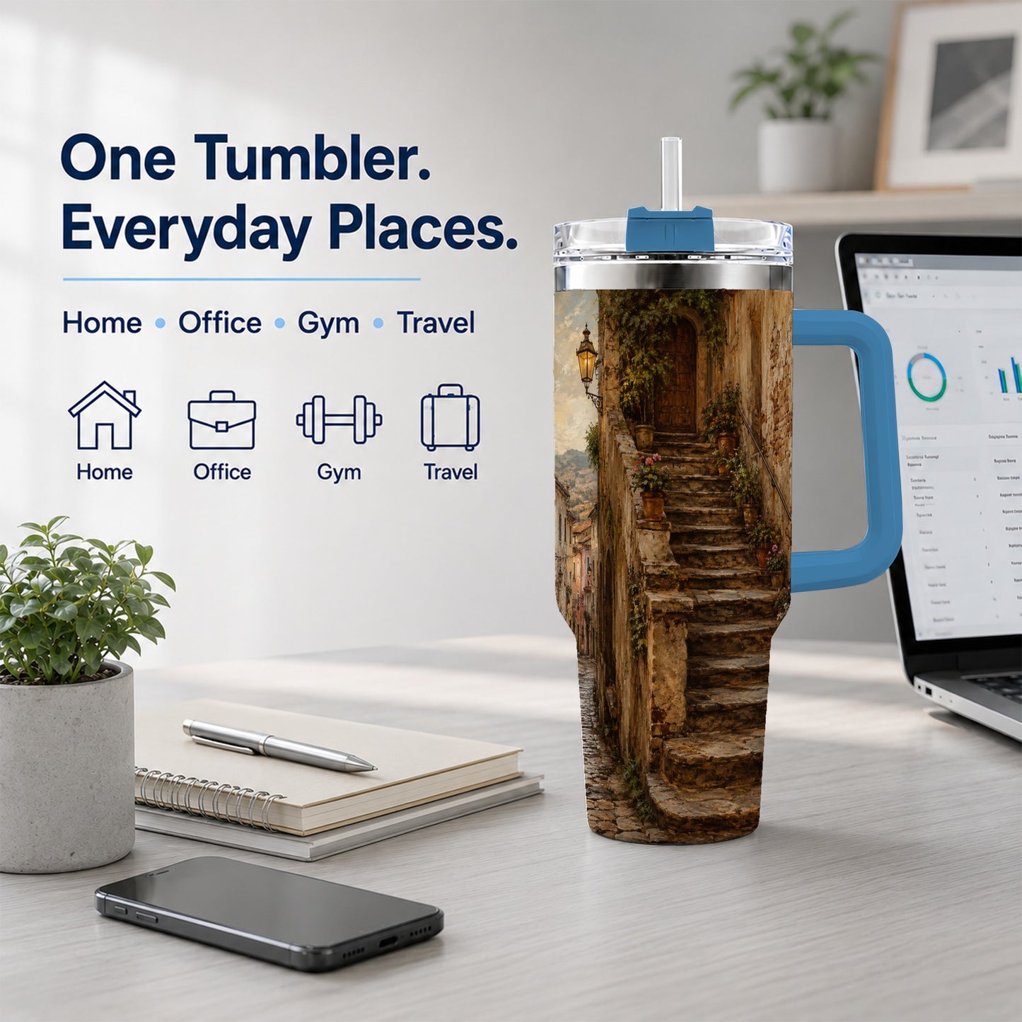 #pl[40oz|Blue] Old Village Staircase 40oz Tumbler with Handle, Rustic European Street Art