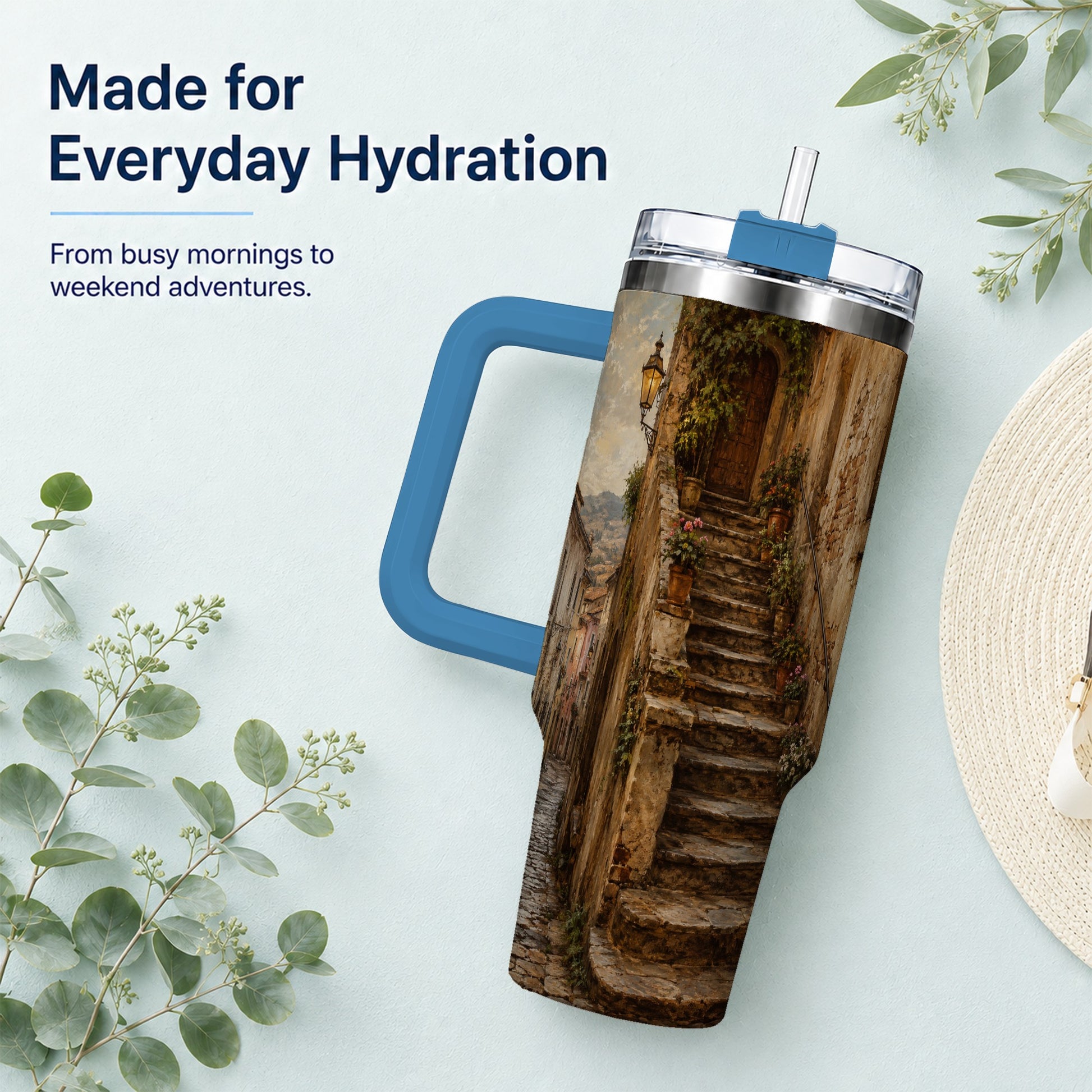 #pl[40oz|Blue] Old Village Staircase 40oz Tumbler with Handle, Rustic European Street Art