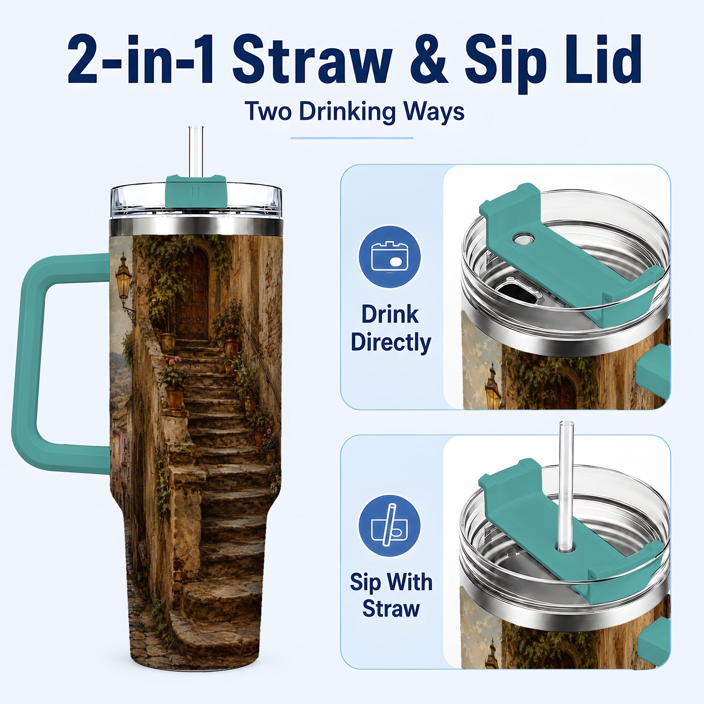 #pl[40oz|Green] Old Village Staircase 40oz Tumbler with Handle, Rustic European Street Art