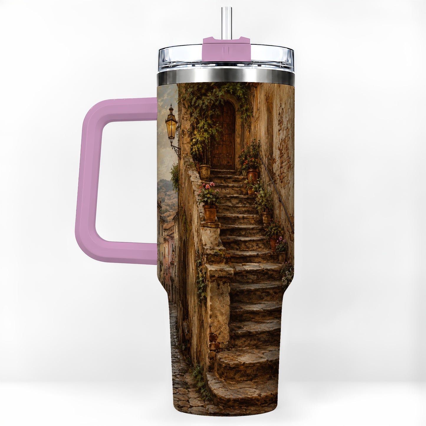#pl[40oz|Pink] Old Village Staircase 40oz Tumbler with Handle, Rustic European Street Art