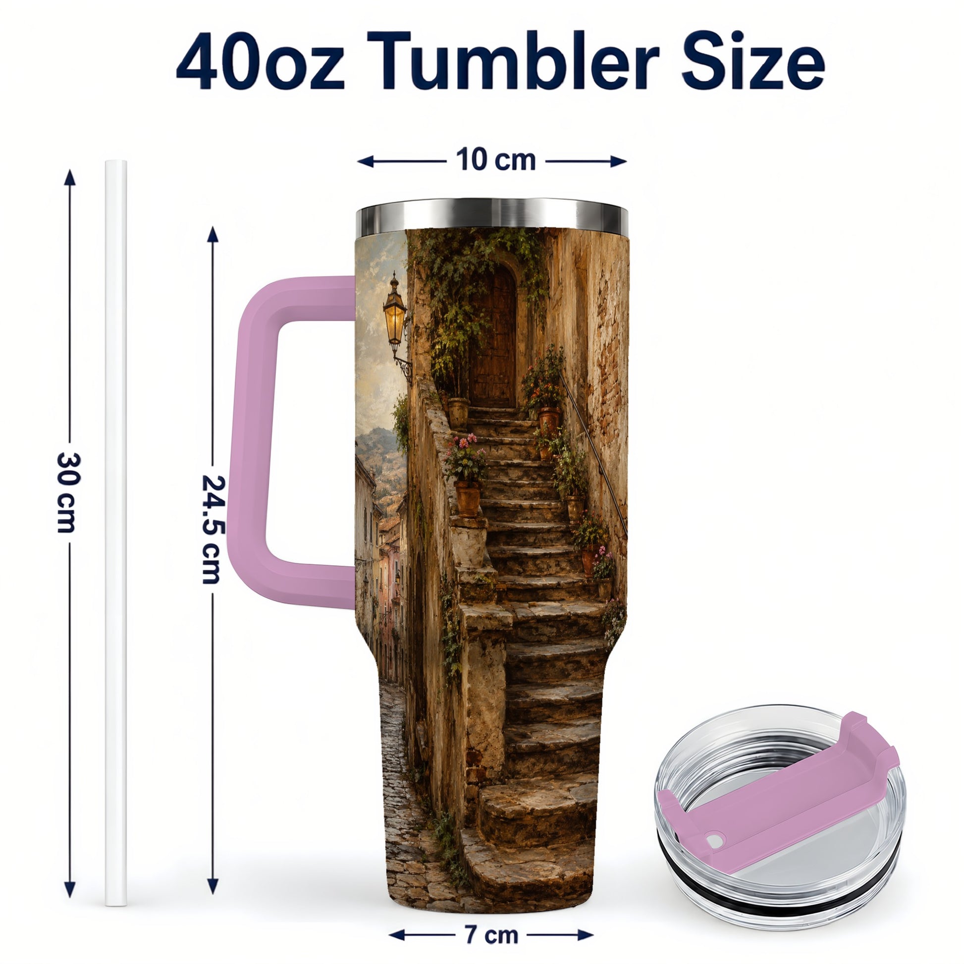 #pl[40oz|Pink] Old Village Staircase 40oz Tumbler with Handle, Rustic European Street Art