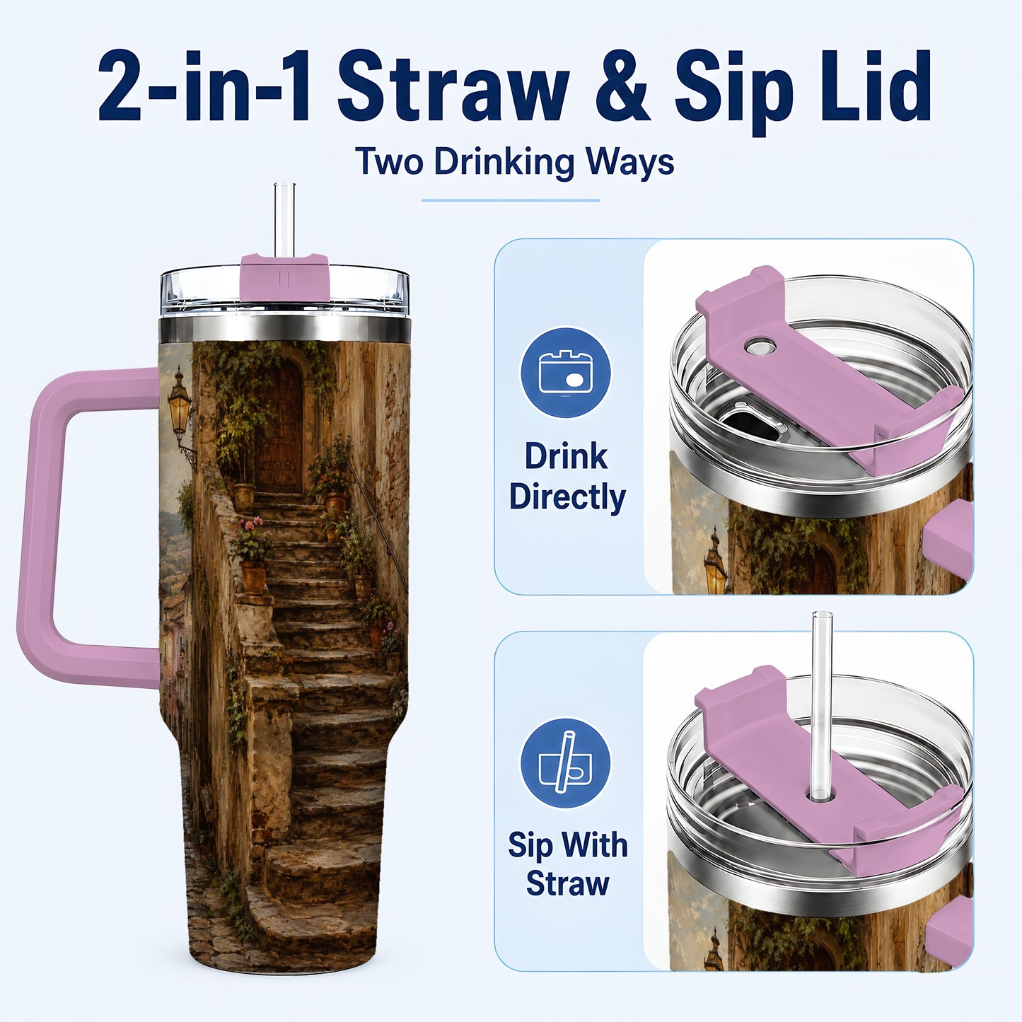 #pl[40oz|Pink] Old Village Staircase 40oz Tumbler with Handle, Rustic European Street Art