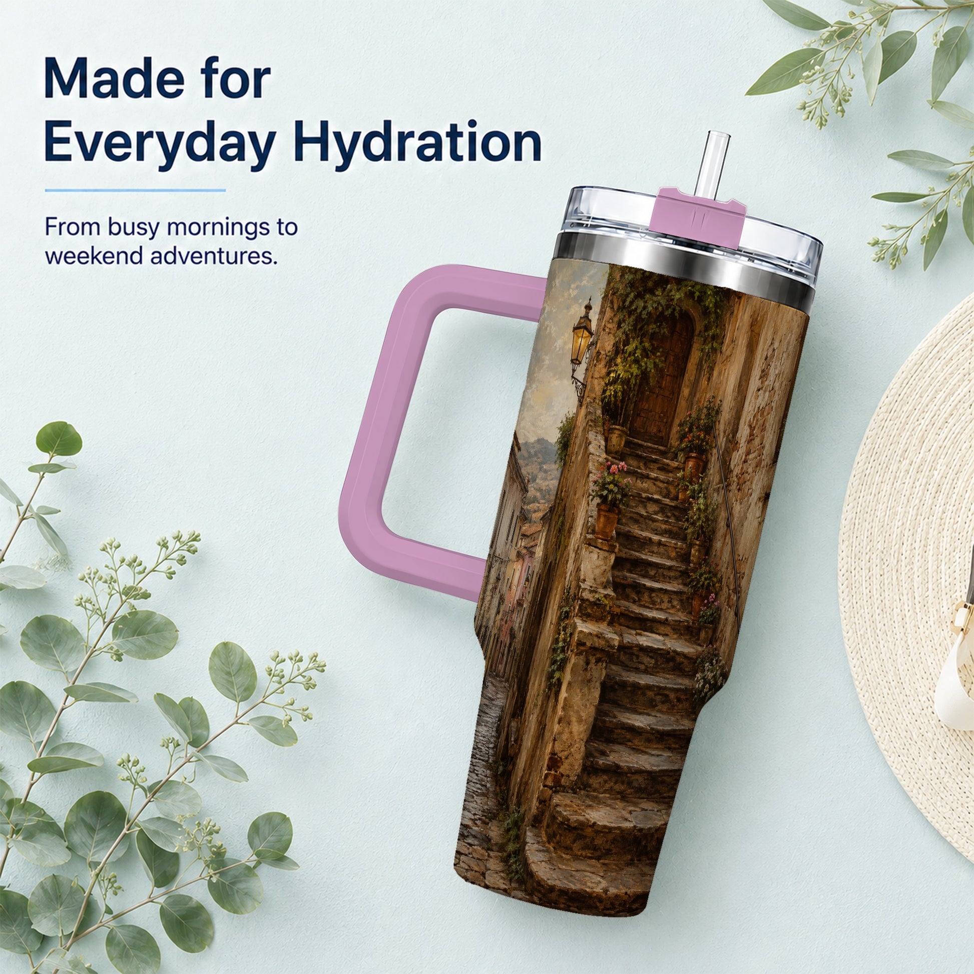 #pl[40oz|Pink] Old Village Staircase 40oz Tumbler with Handle, Rustic European Street Art