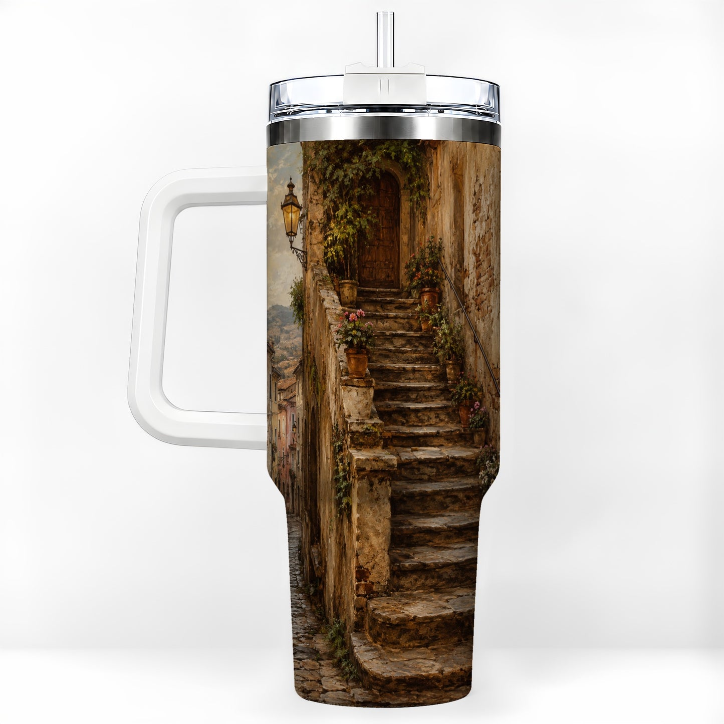 Old Village Staircase 40oz Tumbler with Handle, Rustic European Street Art