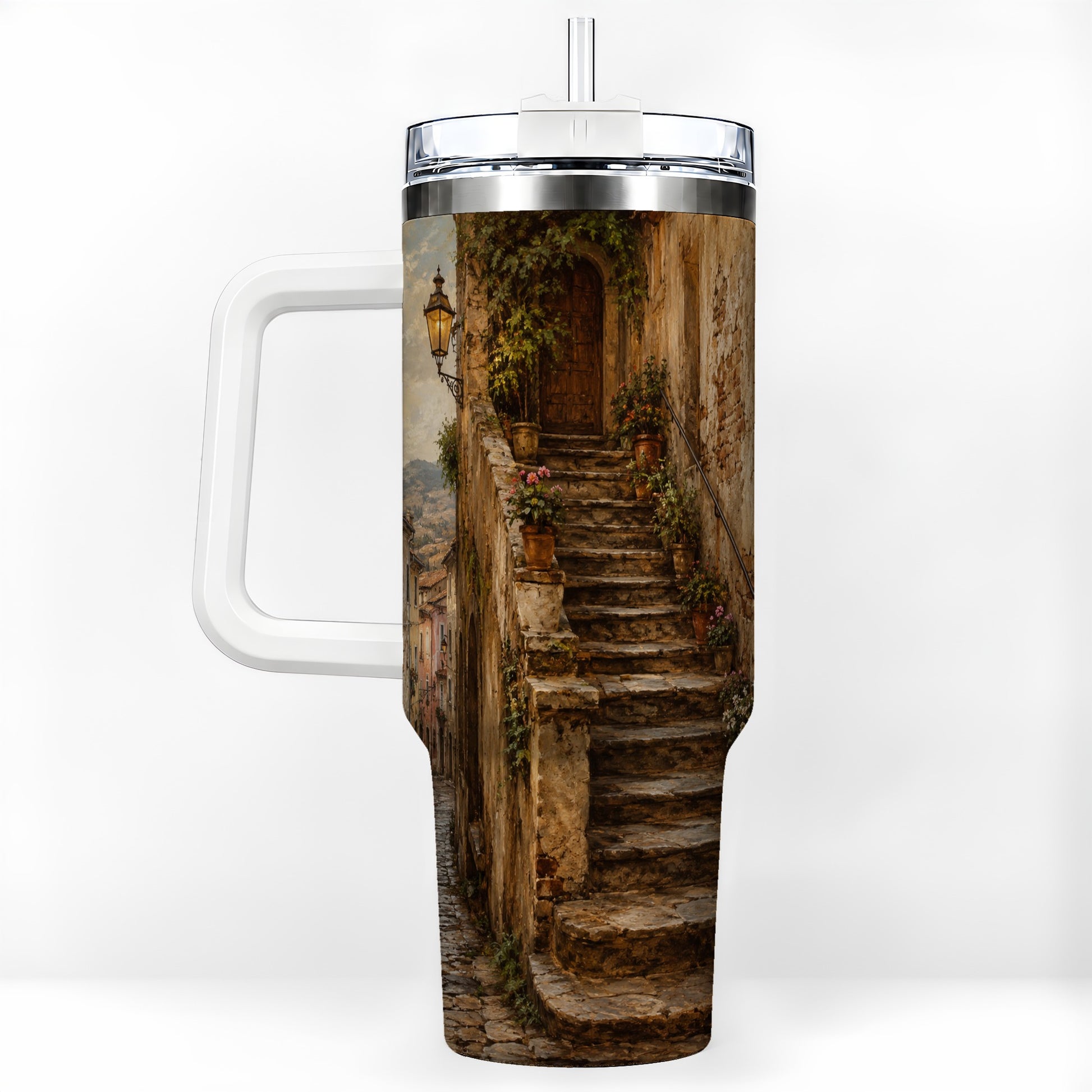 Old Village Staircase 40oz Tumbler with Handle, Rustic European Street Art