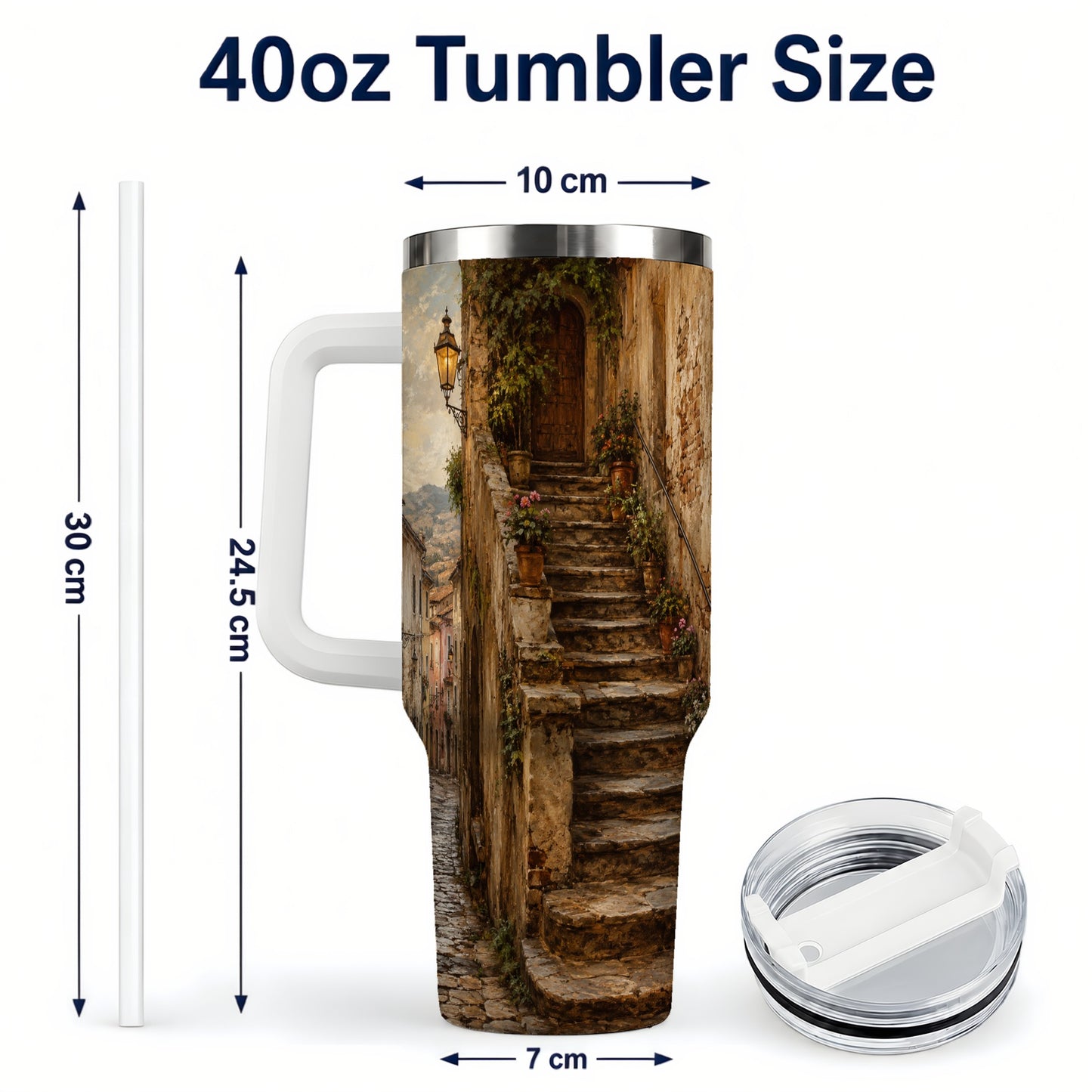#pl[40oz|White] Old Village Staircase 40oz Tumbler with Handle, Rustic European Street Art