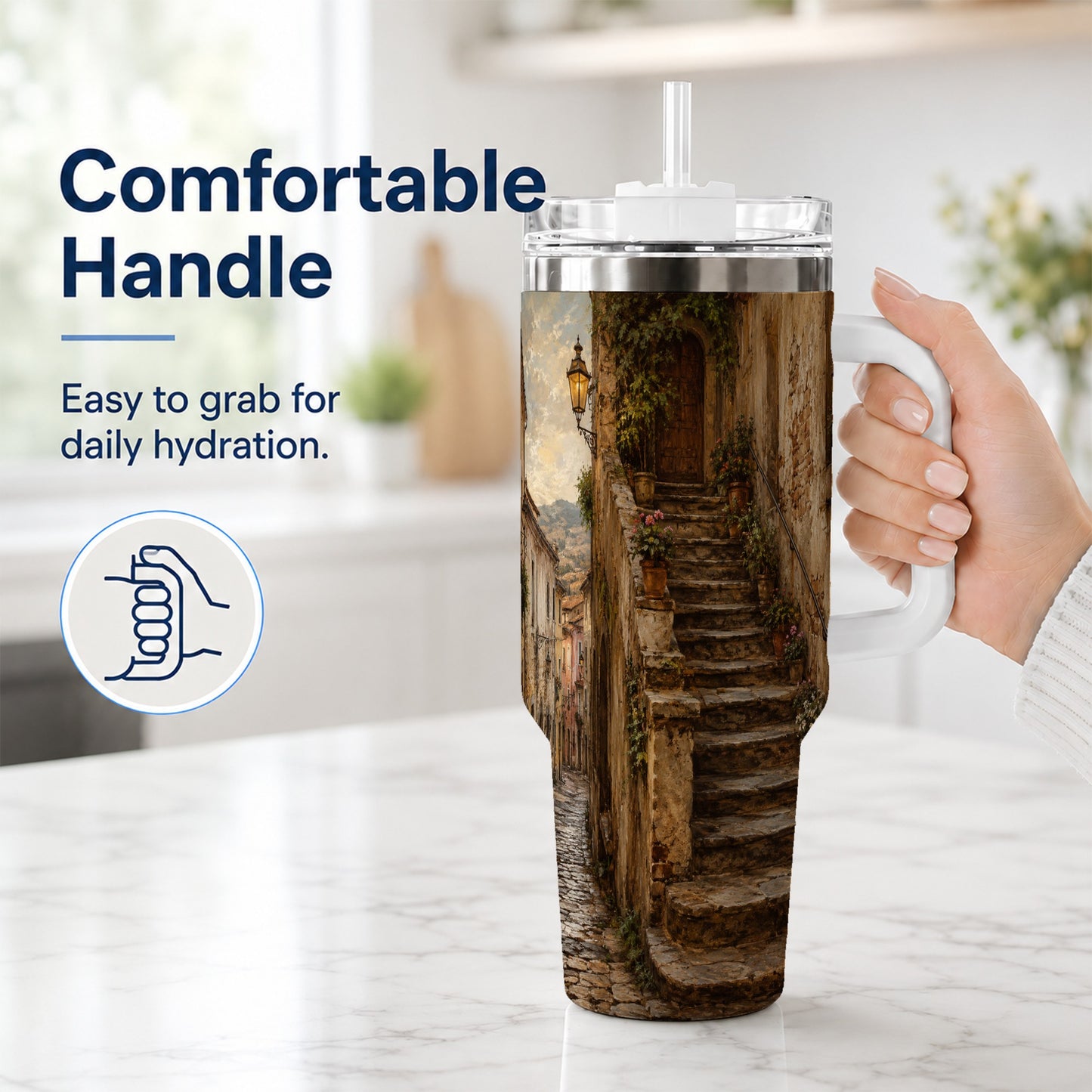 #pl[40oz|White] Old Village Staircase 40oz Tumbler with Handle, Rustic European Street Art