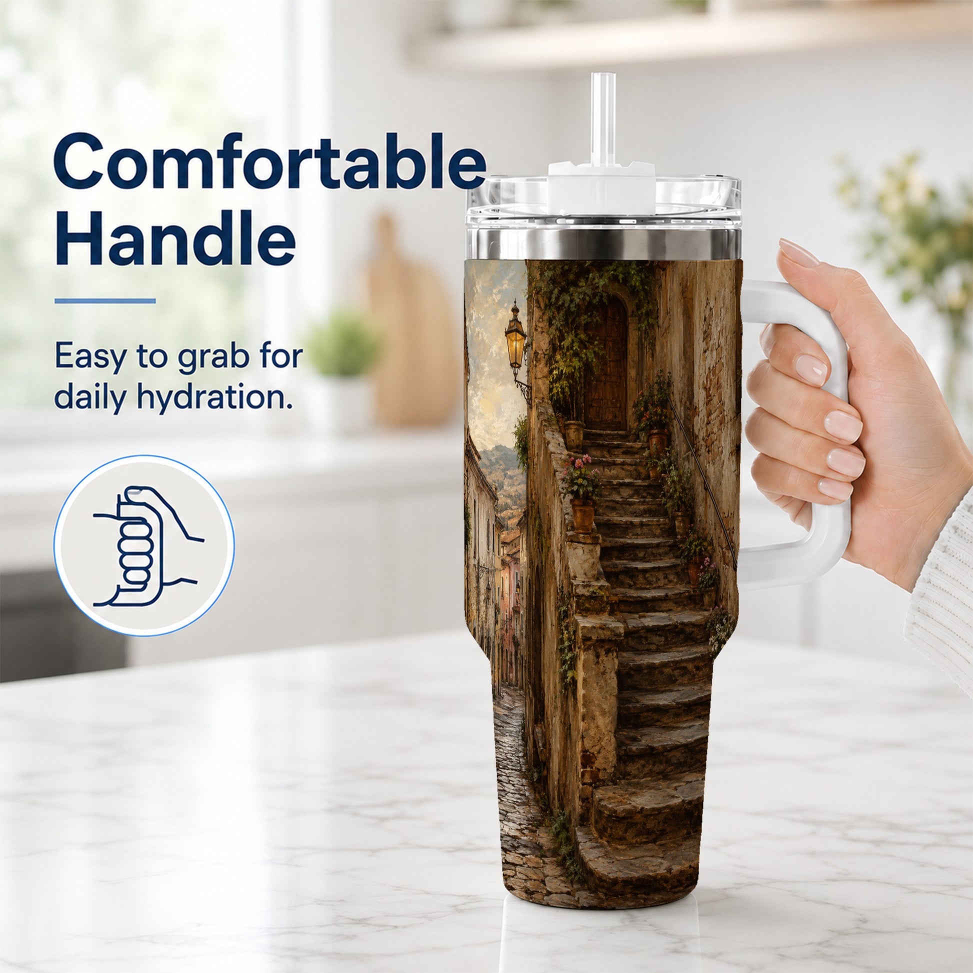 #pl[40oz|White] Old Village Staircase 40oz Tumbler with Handle, Rustic European Street Art