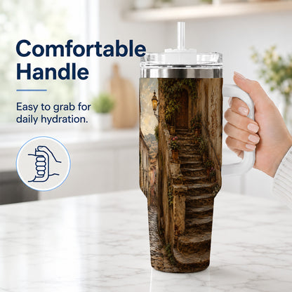 #pl[40oz|White] Old Village Staircase 40oz Tumbler with Handle, Rustic European Street Art