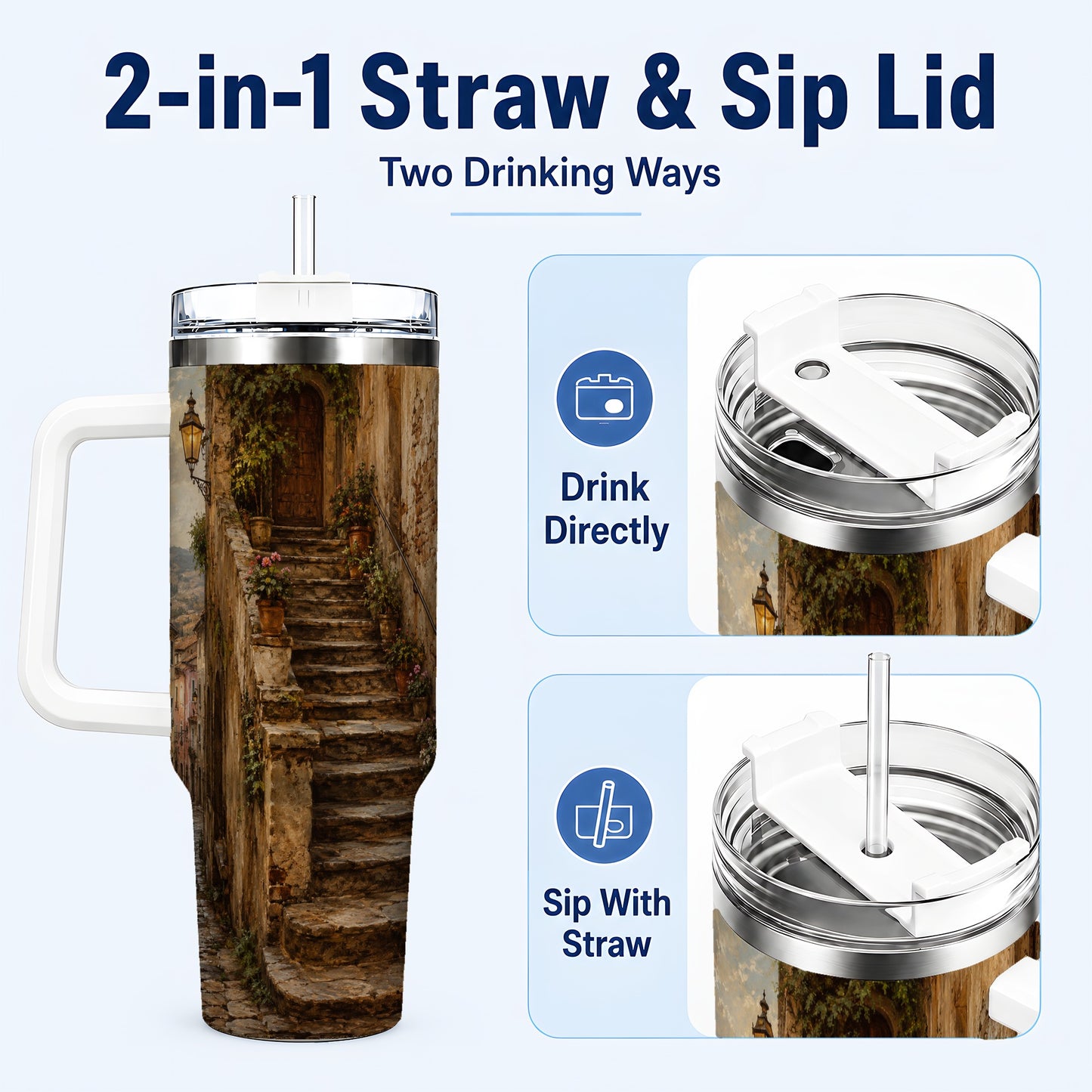 #pl[40oz|White] Old Village Staircase 40oz Tumbler with Handle, Rustic European Street Art