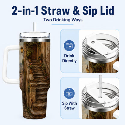 #pl[40oz|White] Old Village Staircase 40oz Tumbler with Handle, Rustic European Street Art