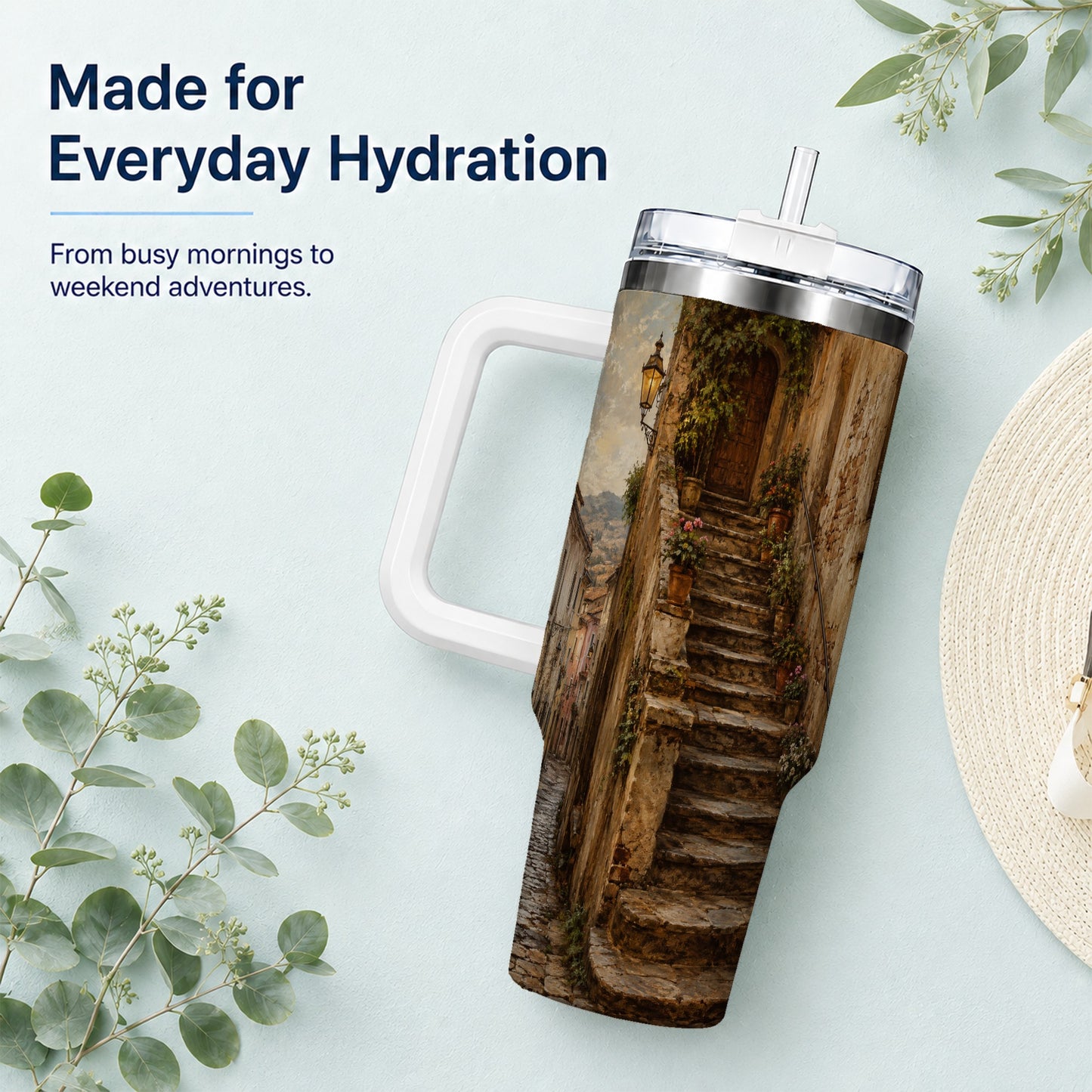 #pl[40oz|White] Old Village Staircase 40oz Tumbler with Handle, Rustic European Street Art