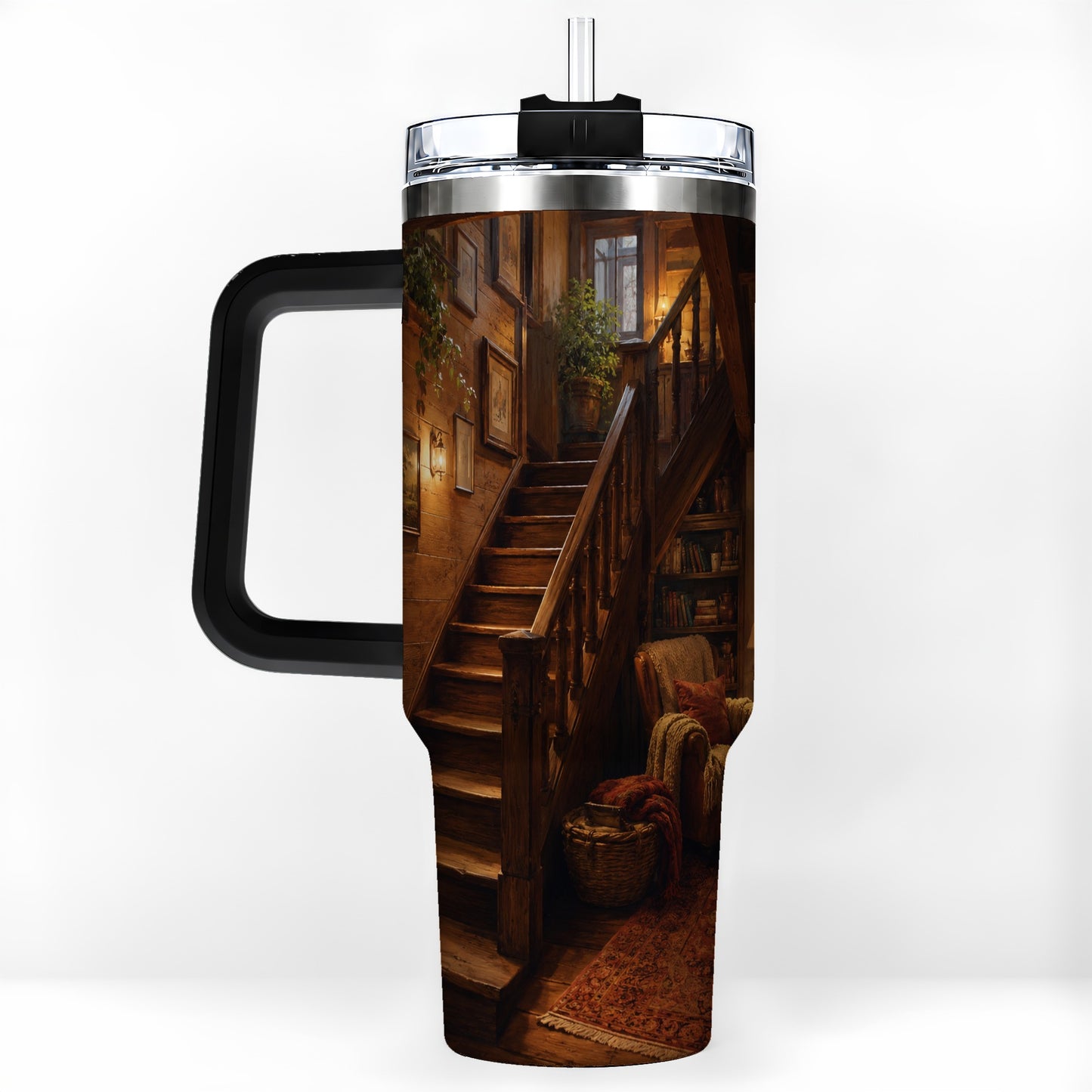 #pl[40oz|Black] Cozy Wooden Staircase 40oz Tumbler with Handle, Warm Cottage Interior Art