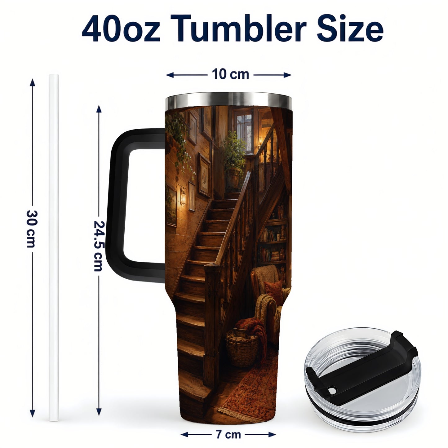 #pl[40oz|Black] Cozy Wooden Staircase 40oz Tumbler with Handle, Warm Cottage Interior Art