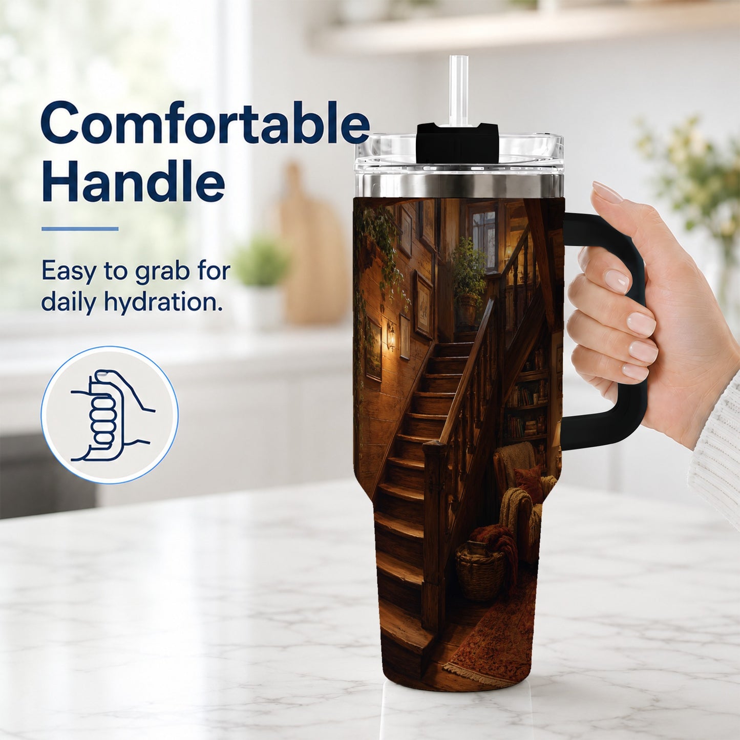 #pl[40oz|Black] Cozy Wooden Staircase 40oz Tumbler with Handle, Warm Cottage Interior Art