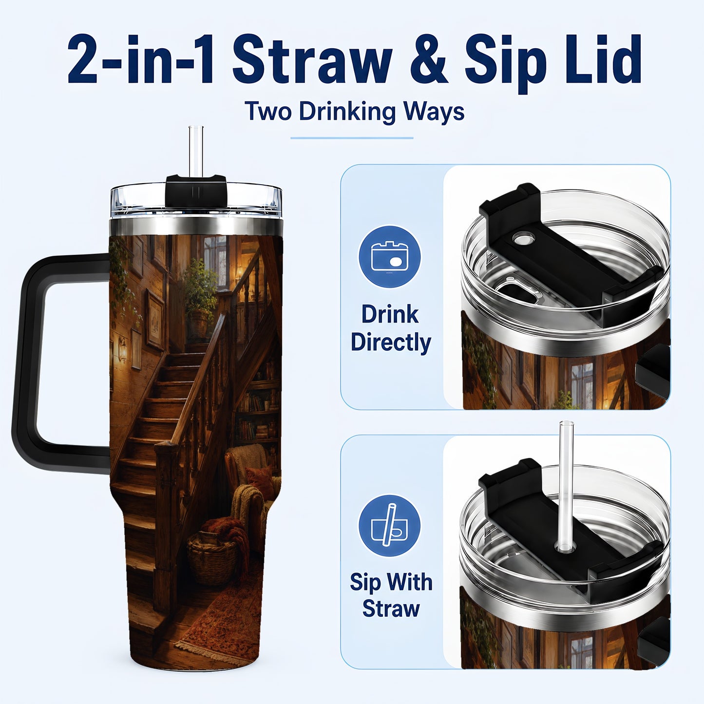 #pl[40oz|Black] Cozy Wooden Staircase 40oz Tumbler with Handle, Warm Cottage Interior Art