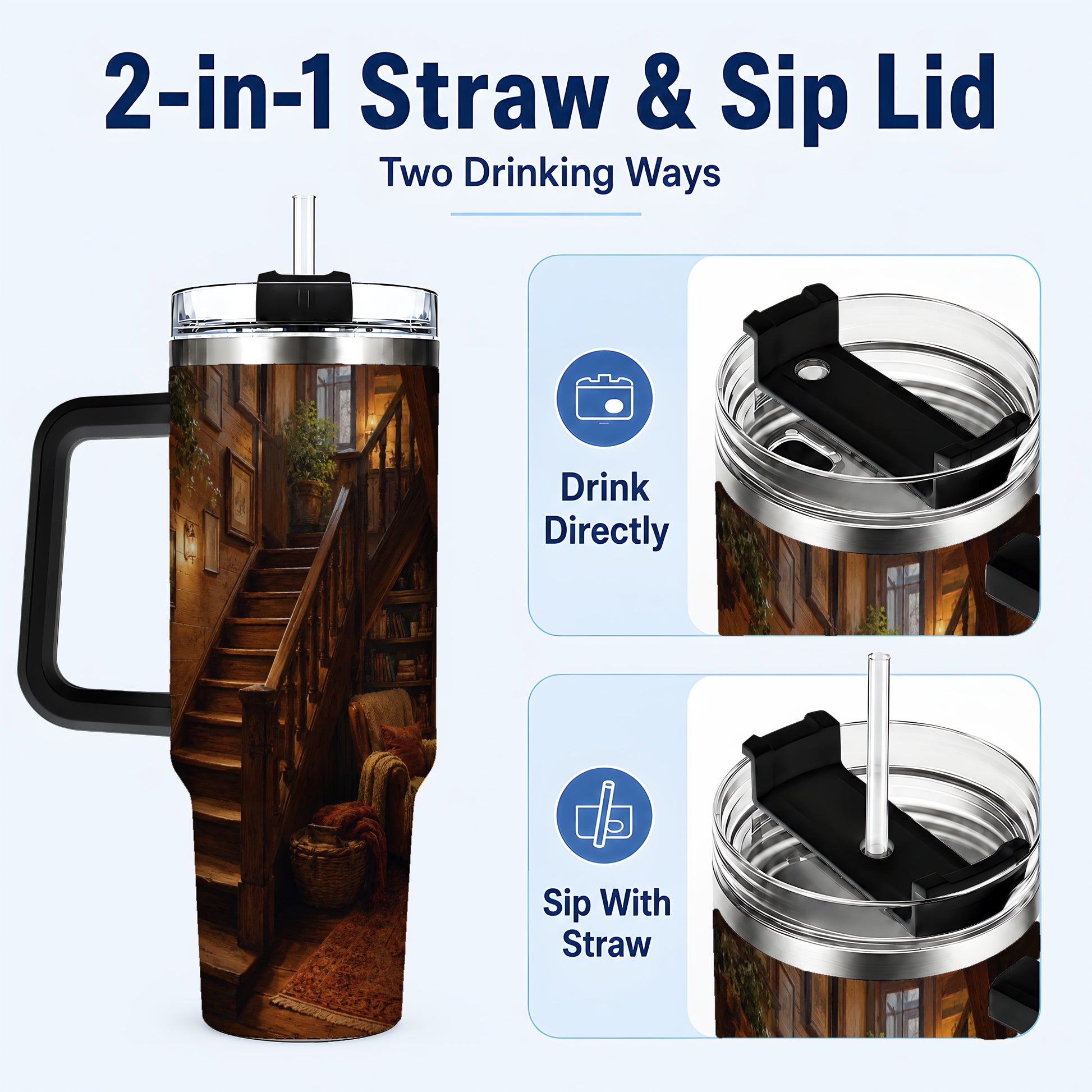 #pl[40oz|Black] Cozy Wooden Staircase 40oz Tumbler with Handle, Warm Cottage Interior Art