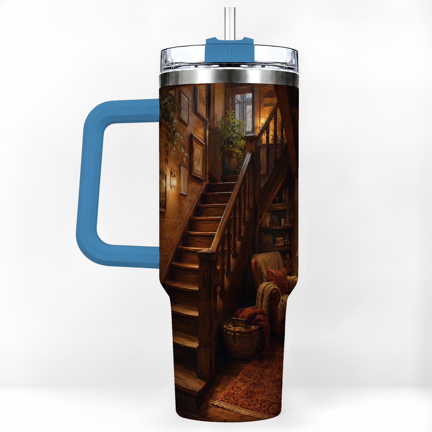 #pl[40oz|Blue] Cozy Wooden Staircase 40oz Tumbler with Handle, Warm Cottage Interior Art