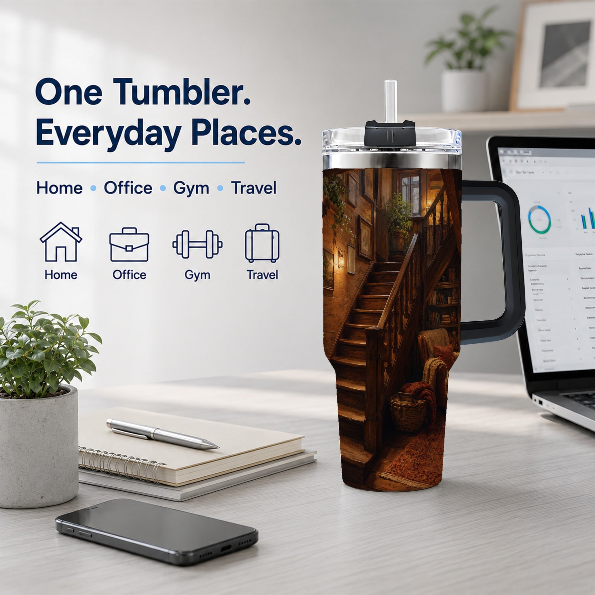 #pl[40oz|Black] Cozy Wooden Staircase 40oz Tumbler with Handle, Warm Cottage Interior Art