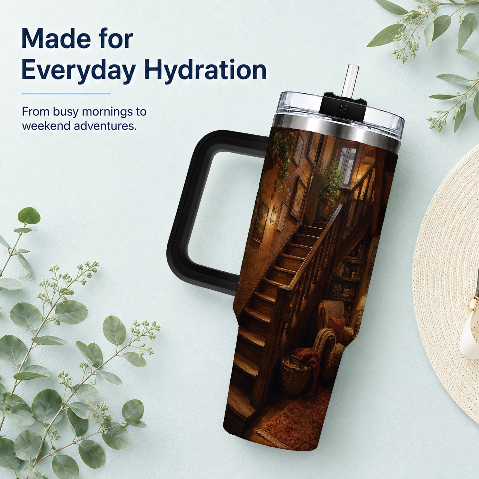 #pl[40oz|Black] Cozy Wooden Staircase 40oz Tumbler with Handle, Warm Cottage Interior Art
