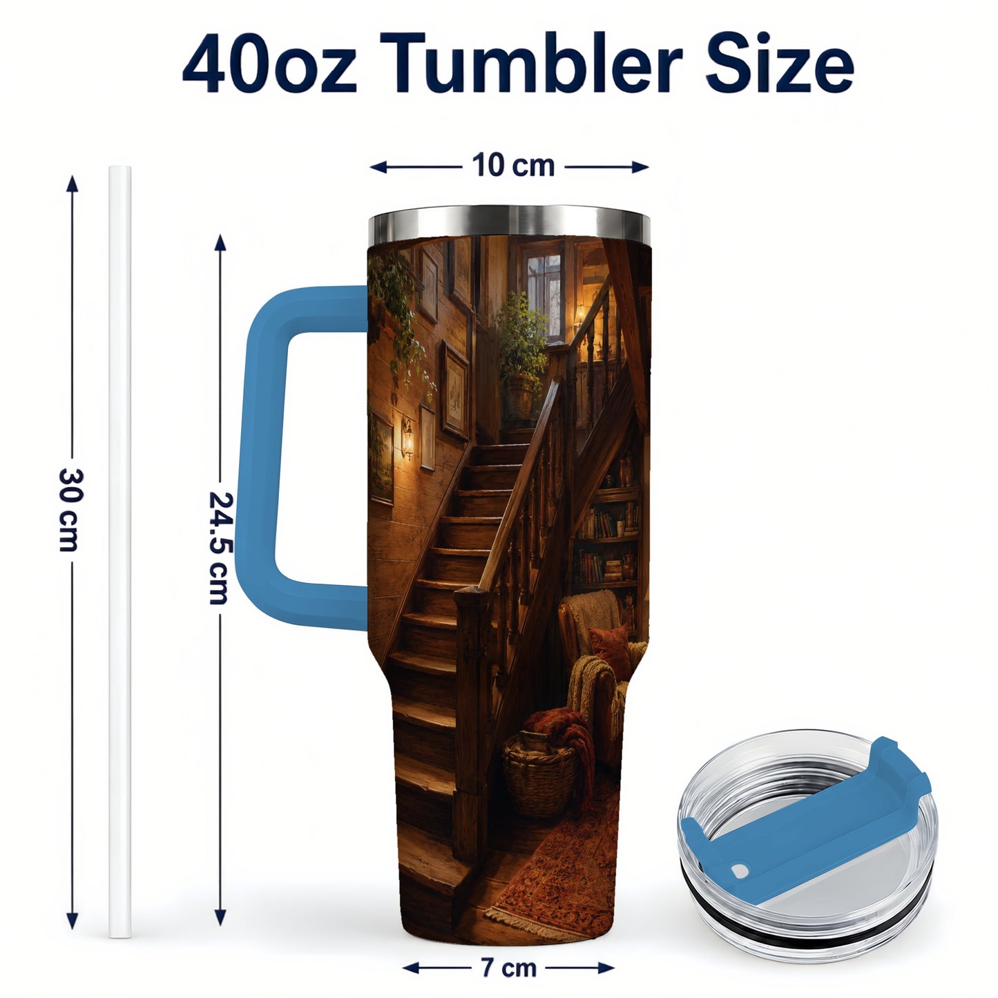 #pl[40oz|Blue] Cozy Wooden Staircase 40oz Tumbler with Handle, Warm Cottage Interior Art