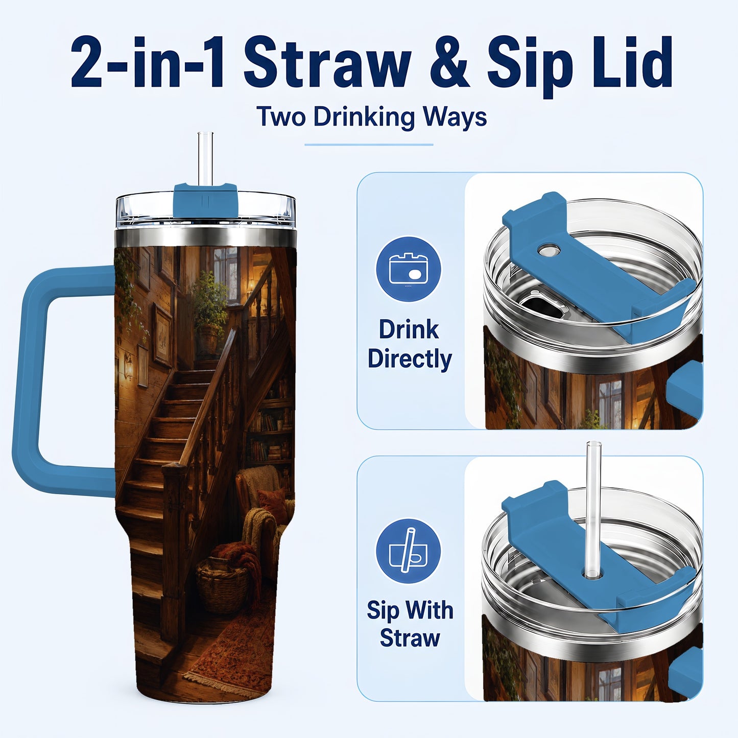 #pl[40oz|Blue] Cozy Wooden Staircase 40oz Tumbler with Handle, Warm Cottage Interior Art