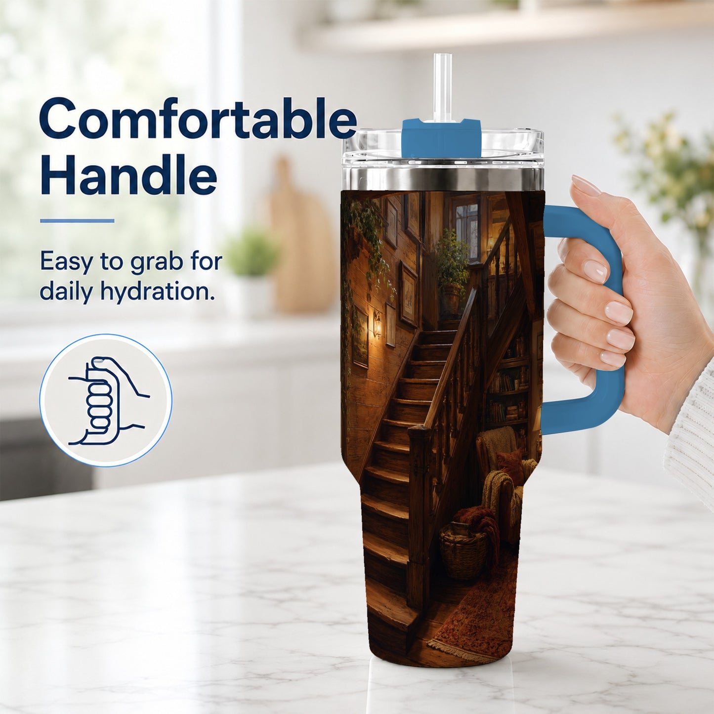 #pl[40oz|Blue] Cozy Wooden Staircase 40oz Tumbler with Handle, Warm Cottage Interior Art