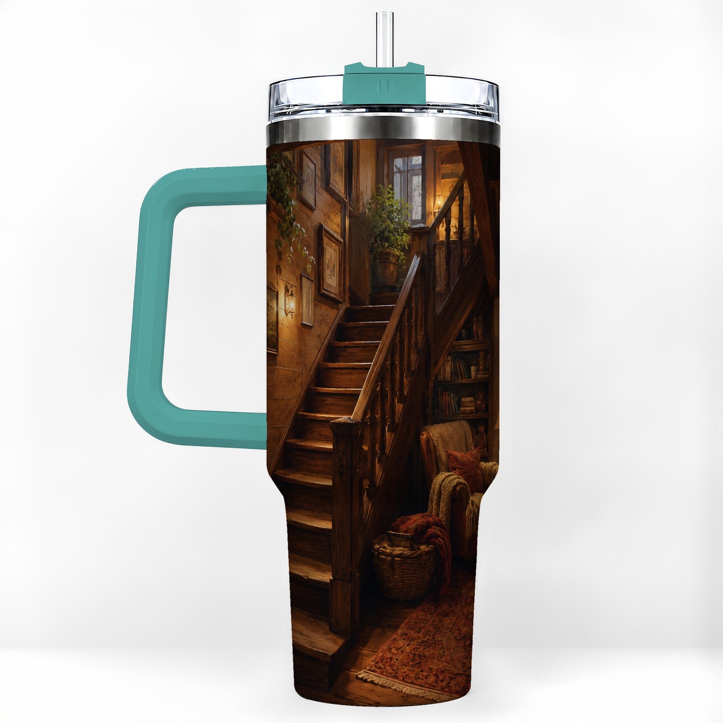 #pl[40oz|Green] Cozy Wooden Staircase 40oz Tumbler with Handle, Warm Cottage Interior Art
