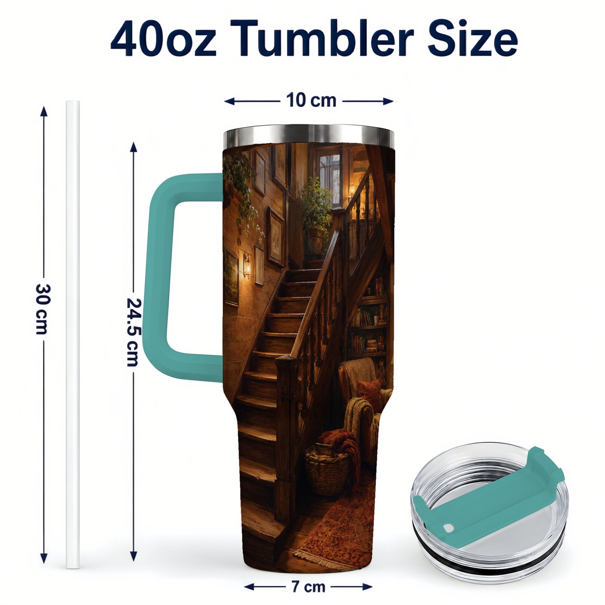 #pl[40oz|Green] Cozy Wooden Staircase 40oz Tumbler with Handle, Warm Cottage Interior Art