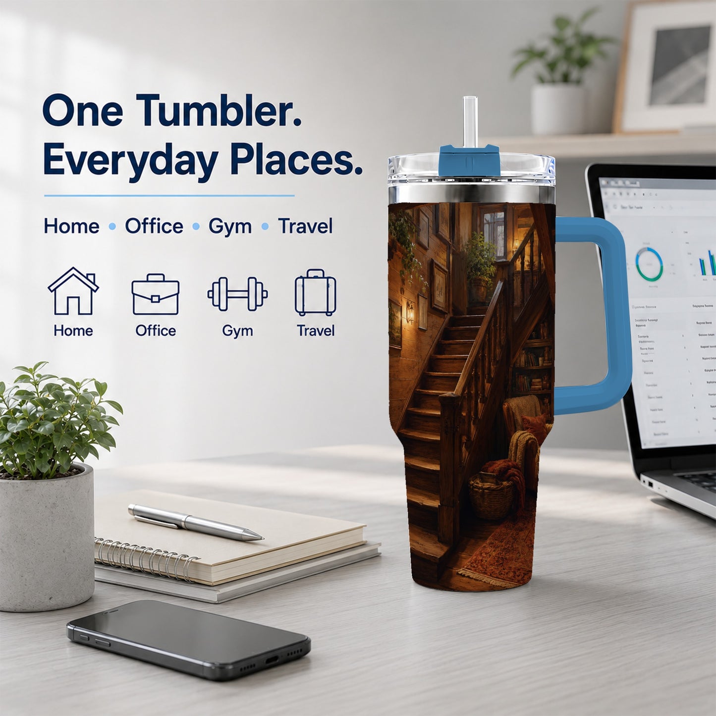 #pl[40oz|Blue] Cozy Wooden Staircase 40oz Tumbler with Handle, Warm Cottage Interior Art