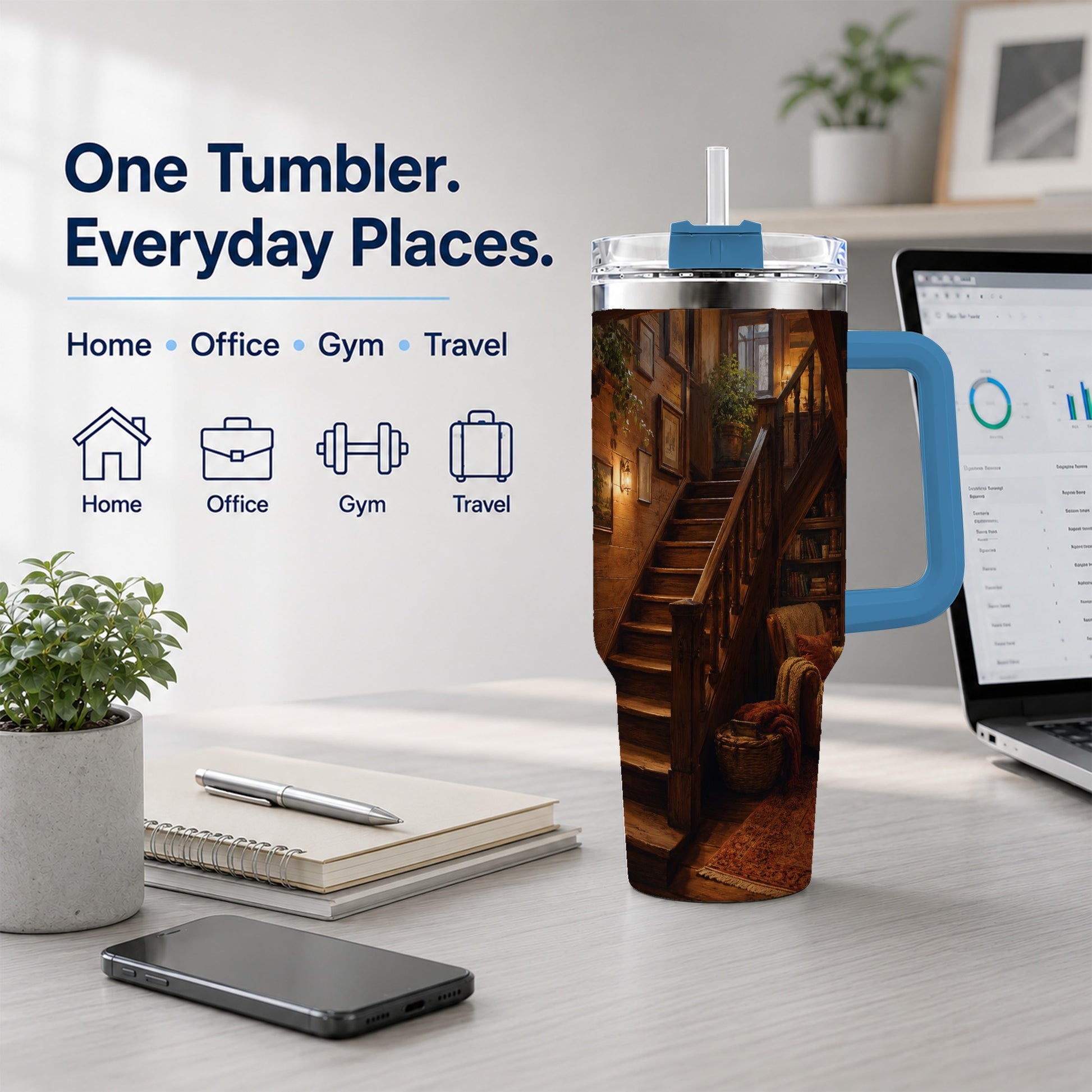 #pl[40oz|Blue] Cozy Wooden Staircase 40oz Tumbler with Handle, Warm Cottage Interior Art