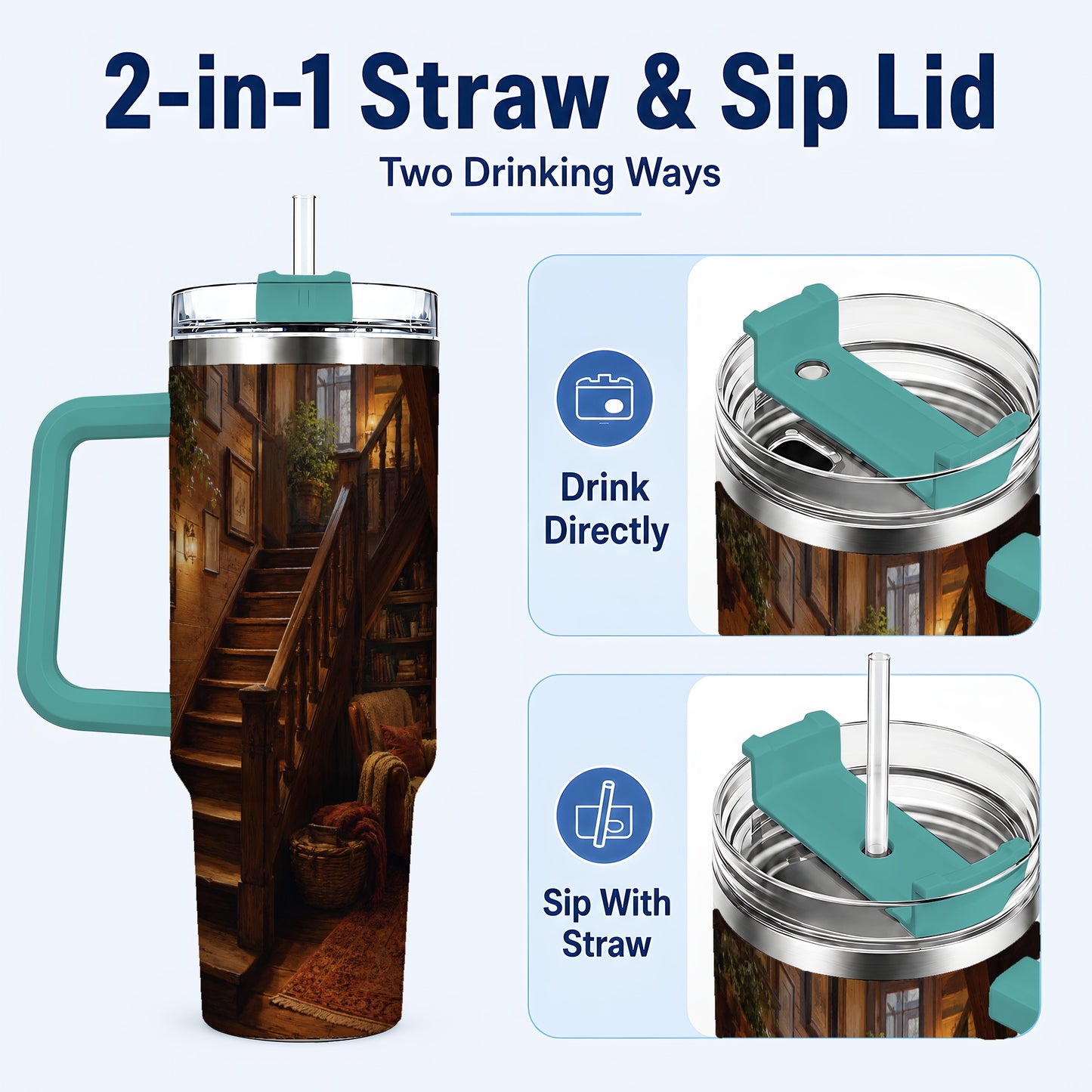 #pl[40oz|Green] Cozy Wooden Staircase 40oz Tumbler with Handle, Warm Cottage Interior Art