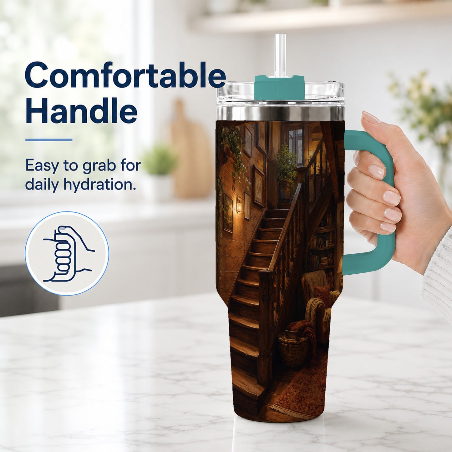 #pl[40oz|Green] Cozy Wooden Staircase 40oz Tumbler with Handle, Warm Cottage Interior Art