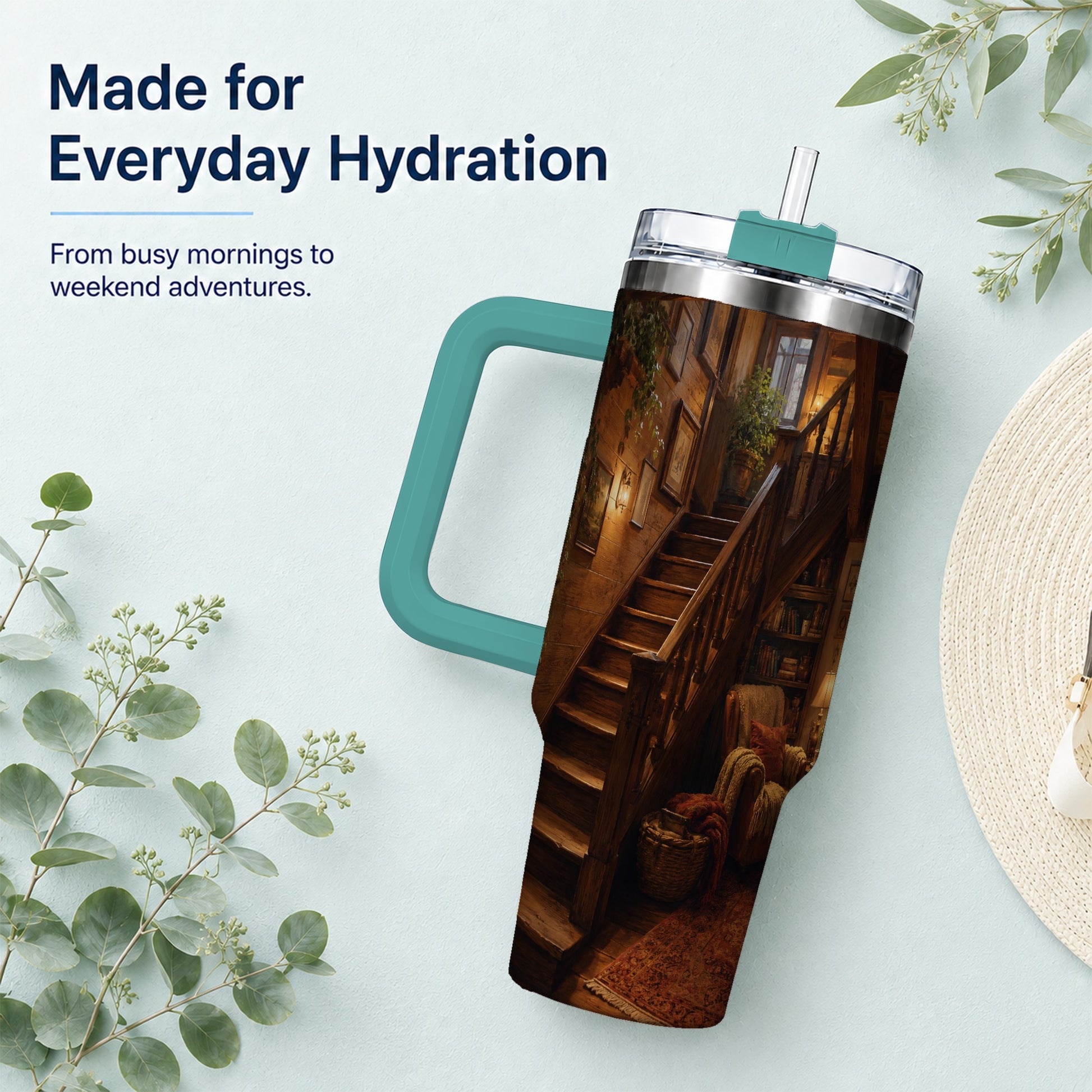 #pl[40oz|Green] Cozy Wooden Staircase 40oz Tumbler with Handle, Warm Cottage Interior Art